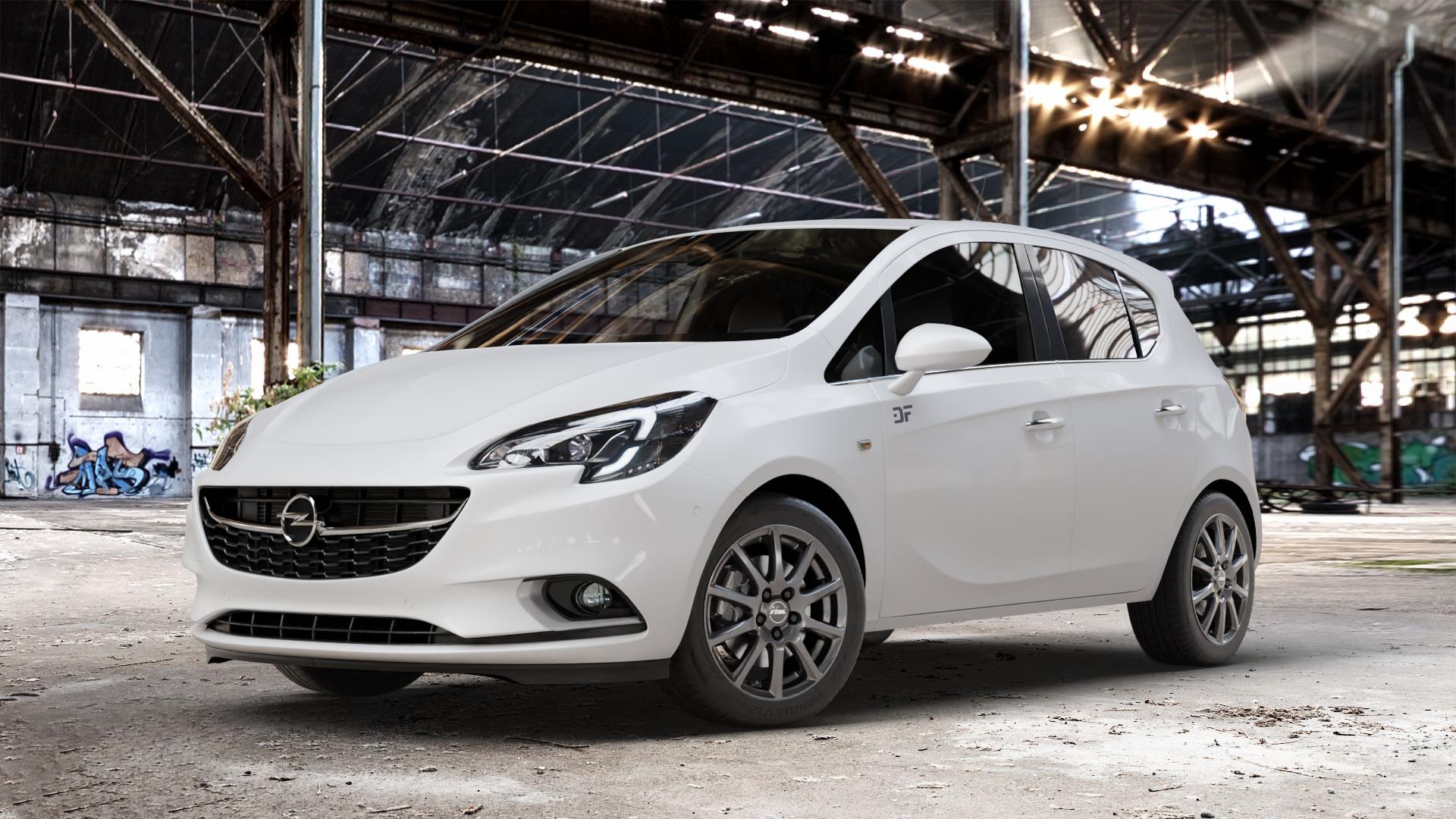 RIAL Milano titanium Felge mit Reifen grau in 16Zoll Winterfelge Alufelge auf weissem Opel Corsa E Typ S-D ⬇️ mit 15mm Tieferlegung ⬇️ Old Industrial Hall_max_4400mm_2024 Frontansicht_1
