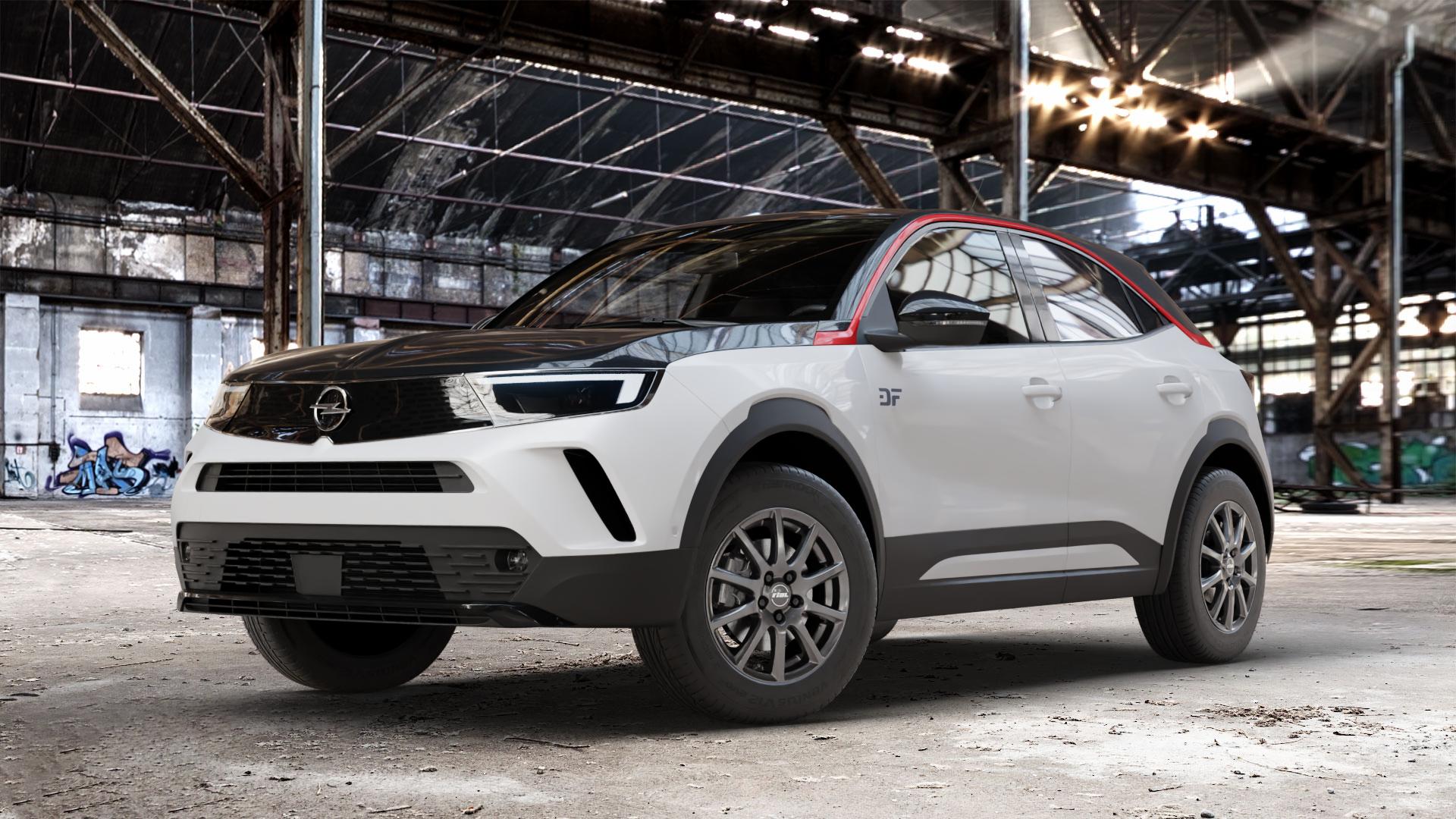 RIAL Milano titanium Felge mit Reifen grau in 16Zoll Winterfelge Alufelge auf weissem Opel Mokka Typ U 1,2l Turbo 74kW (101 PS) 96kW (131 1,5l D 81kW (110 ⬇️ mit 15mm Tieferlegung ⬇️ Old Industrial Hall_max_4400mm_2024 Frontansicht_1