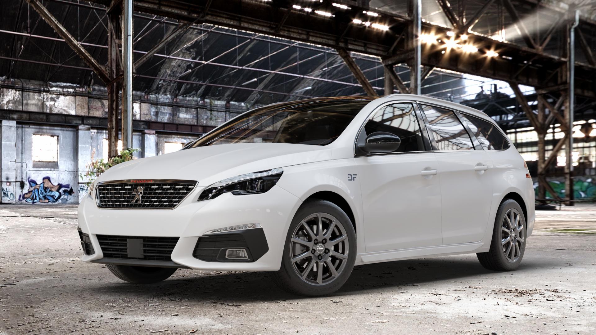 RIAL Milano titanium Felge mit Reifen grau in 16Zoll Winterfelge Alufelge auf weissem Peugeot 308 SW II Typ L Facelift ⬇️ mit 15mm Tieferlegung ⬇️ Old Industrial Hall_max_4400mm_2024 Frontansicht_1