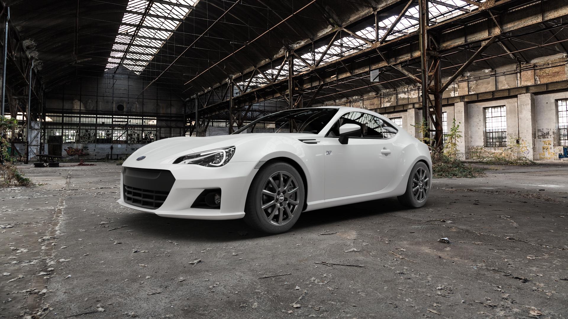 RIAL Milano titanium Felge mit Reifen grau in 16Zoll Winterfelge Alufelge auf weissem Subaru BRZ Typ ZC Facelift ⬇️ mit 15mm Tieferlegung ⬇️ Old Industrial Hall_max5000mm_2022 Frontansicht_1