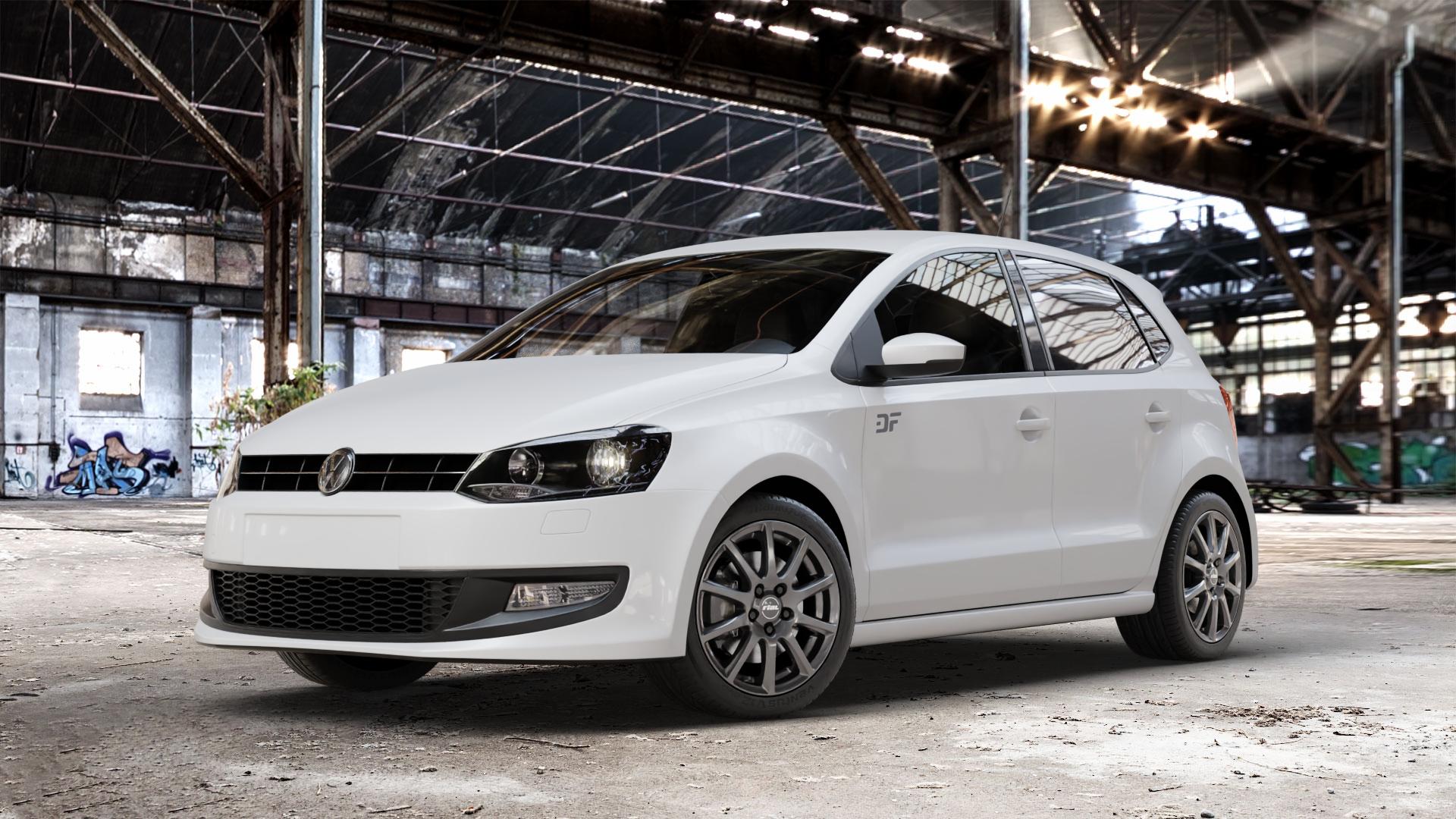 RIAL Milano titanium Felge mit Reifen grau in 16Zoll Winterfelge Alufelge auf weissem Volkswagen (VW) Polo V Typ 6R ⬇️ mit 15mm Tieferlegung ⬇️ Old Industrial Hall_max_4400mm_2024 Frontansicht_1