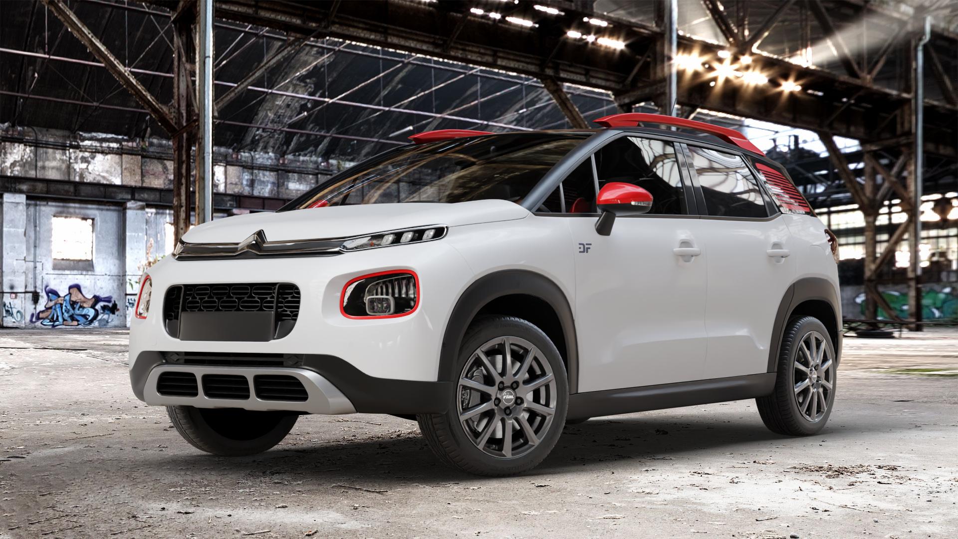 RIAL Milano titanium Felge mit Reifen grau in 17Zoll Winterfelge Alufelge auf weissem Citroen C3 Aircross Typ 2 ⬇️ mit 15mm Tieferlegung ⬇️ Old Industrial Hall_max_4400mm_2024 Frontansicht_1