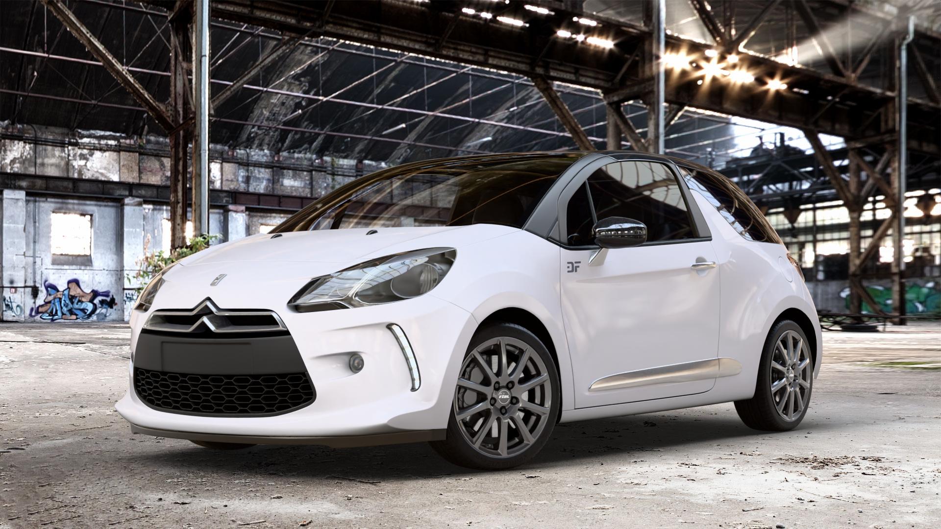 RIAL Milano titanium Felge mit Reifen grau in 17Zoll Winterfelge Alufelge auf weissem Citroen DS3 DS Automobiles Typ S, S***** ⬇️ mit 15mm Tieferlegung ⬇️ Old Industrial Hall_max_4400mm_2024 Frontansicht_1
