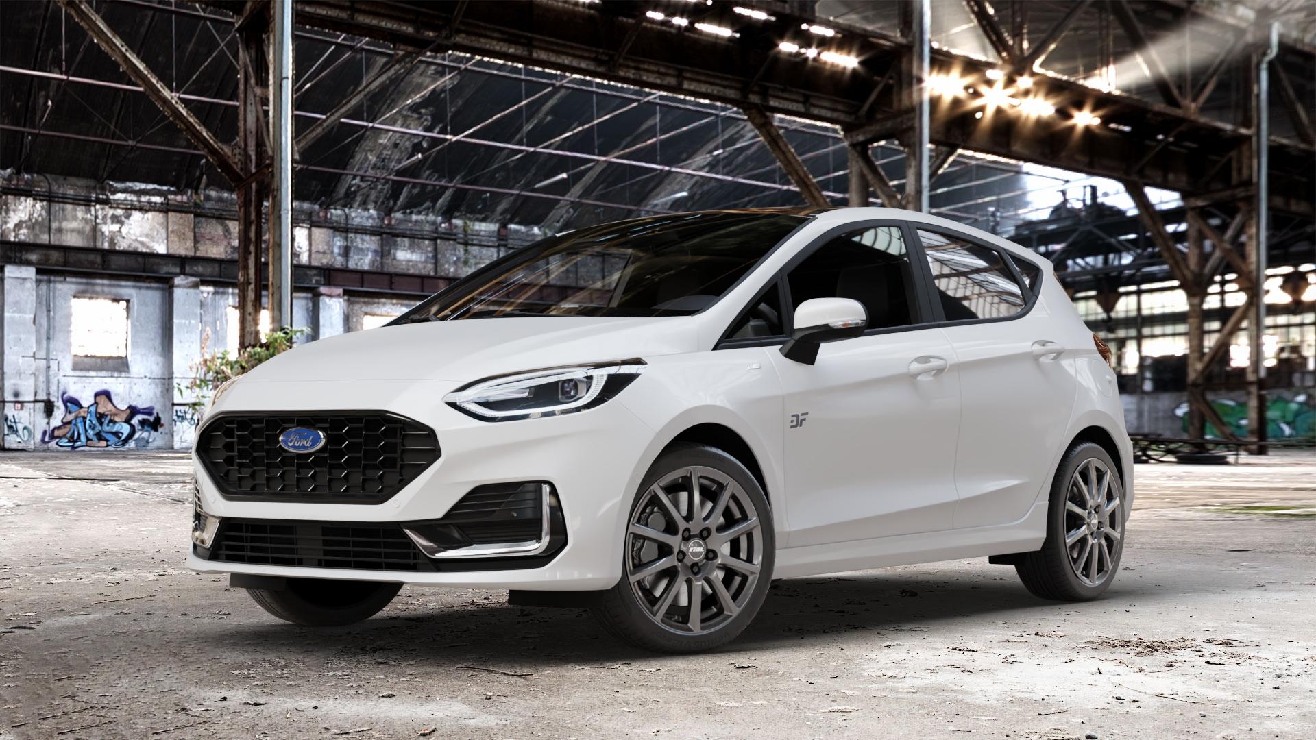 RIAL Milano titanium Felge mit Reifen grau in 17Zoll Winterfelge Alufelge auf weissem Ford Fiesta VII Typ JHH Facelift 1,0l EcoBoost 74kW (101 PS) 92kW (125 Mild-Hybrid 114kW (155 1,1l 55kW (75 ⬇️ mit 15mm Tieferlegung ⬇️ Old Industrial Hall_max_4400mm_2024 Frontansicht_1