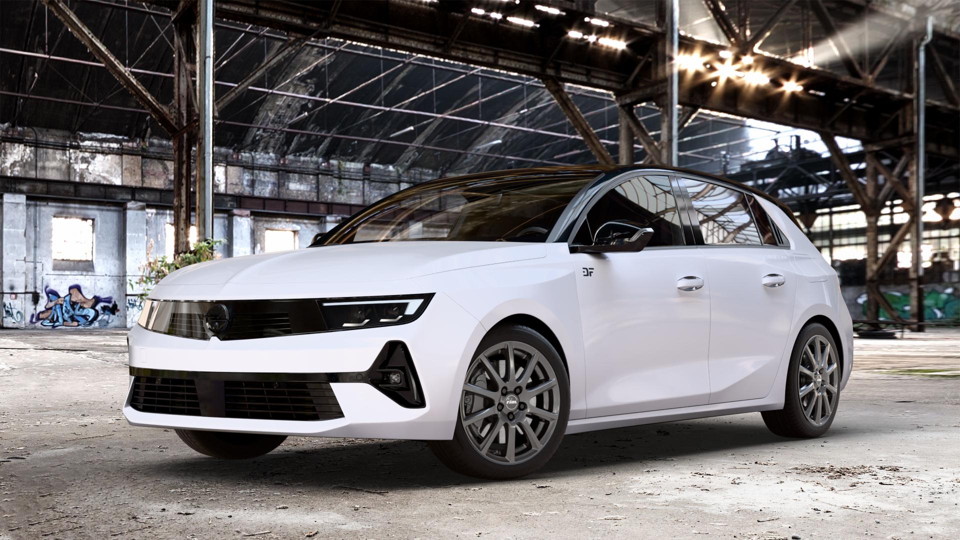 RIAL Milano titanium Felge mit Reifen grau in 17Zoll Winterfelge Alufelge auf weissem Opel Astra L Typ F Facelift ⬇️ mit 15mm Tieferlegung ⬇️ Old Industrial Hall_max_4400mm_2024 Frontansicht_1