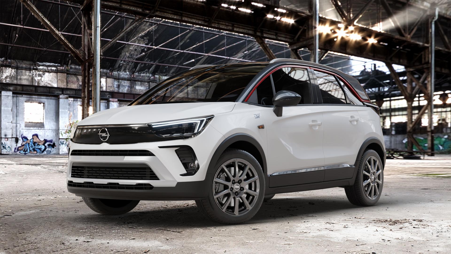 RIAL Milano titanium Felge mit Reifen grau in 17Zoll Winterfelge Alufelge auf weissem Opel Crossland ⬇️ mit 15mm Tieferlegung ⬇️ Old Industrial Hall_max_4400mm_2024 Frontansicht_1