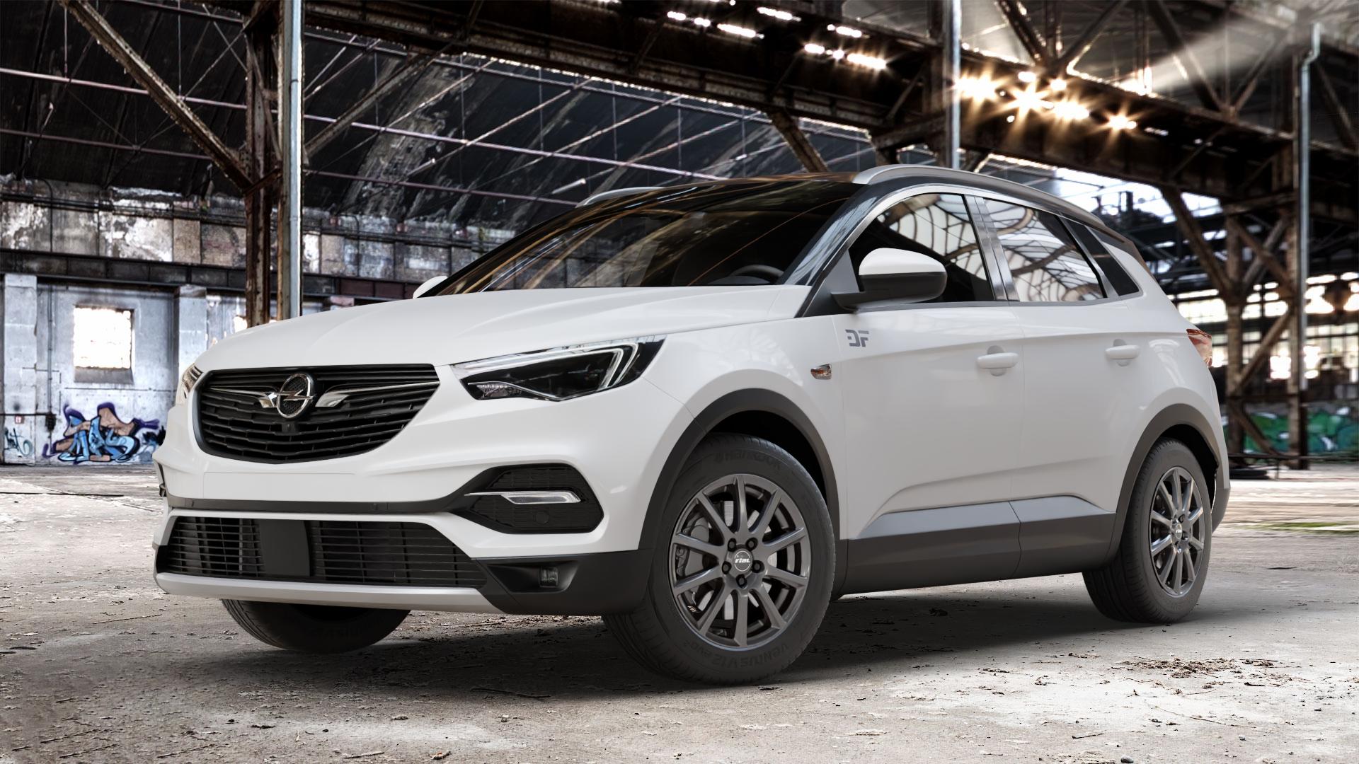RIAL Milano titanium Felge mit Reifen grau in 17Zoll Winterfelge Alufelge auf weissem Opel Grandland X Typ Z 1,6l Turbo 147kW Hybrid AWD (200 PS) ⬇️ mit 15mm Tieferlegung ⬇️ Old Industrial Hall_max_4400mm_2024 Frontansicht_1