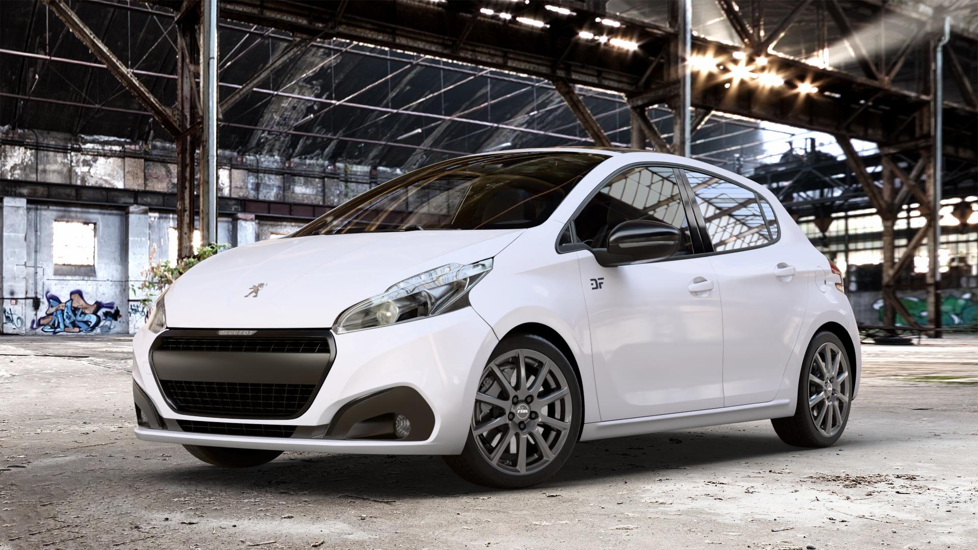RIAL Milano titanium Felge mit Reifen grau in 17Zoll Winterfelge Alufelge auf weissem Peugeot 208 Typ C Facelift ⬇️ mit 15mm Tieferlegung ⬇️ Old Industrial Hall_max_4400mm_2024 Frontansicht_1