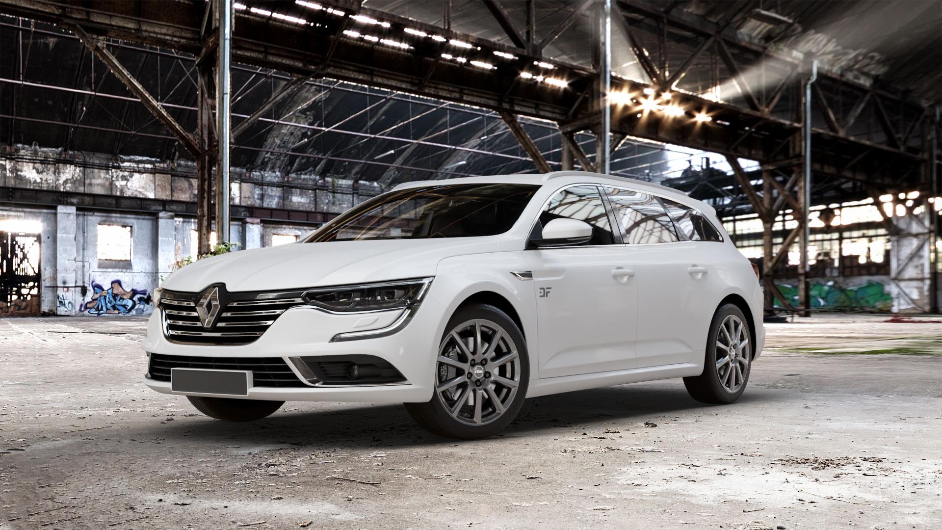 RIAL Milano titanium Felge mit Reifen grau in 18Zoll Winterfelge Alufelge auf weissem Renault Talisman Grandtour Typ RFD ⬇️ mit 15mm Tieferlegung ⬇️ Old Industrial Hall_max_5300mm_2024 Frontansicht_1