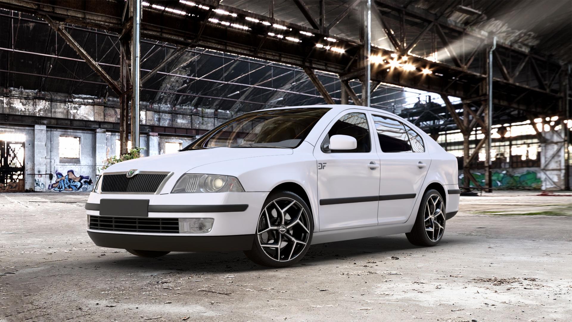 RIAL Salento diamant-schwarz frontpoliert Felge mit Reifen silber in 18Zoll Winterfelge Alufelge auf weissem Skoda Octavia II Limousine Typ 1Z3 1,4l 55kW (75 PS) 59kW (80 1,6l 75kW (102 FSI 85kW (116 1,8l TSI 118kW (160 1,2l 77kW (105 90kW (122 TDI I 1U2 ⬇️ mit 15mm Tieferlegung ⬇️ Old Industrial Hall_max_5300mm_2024 Frontansicht_1