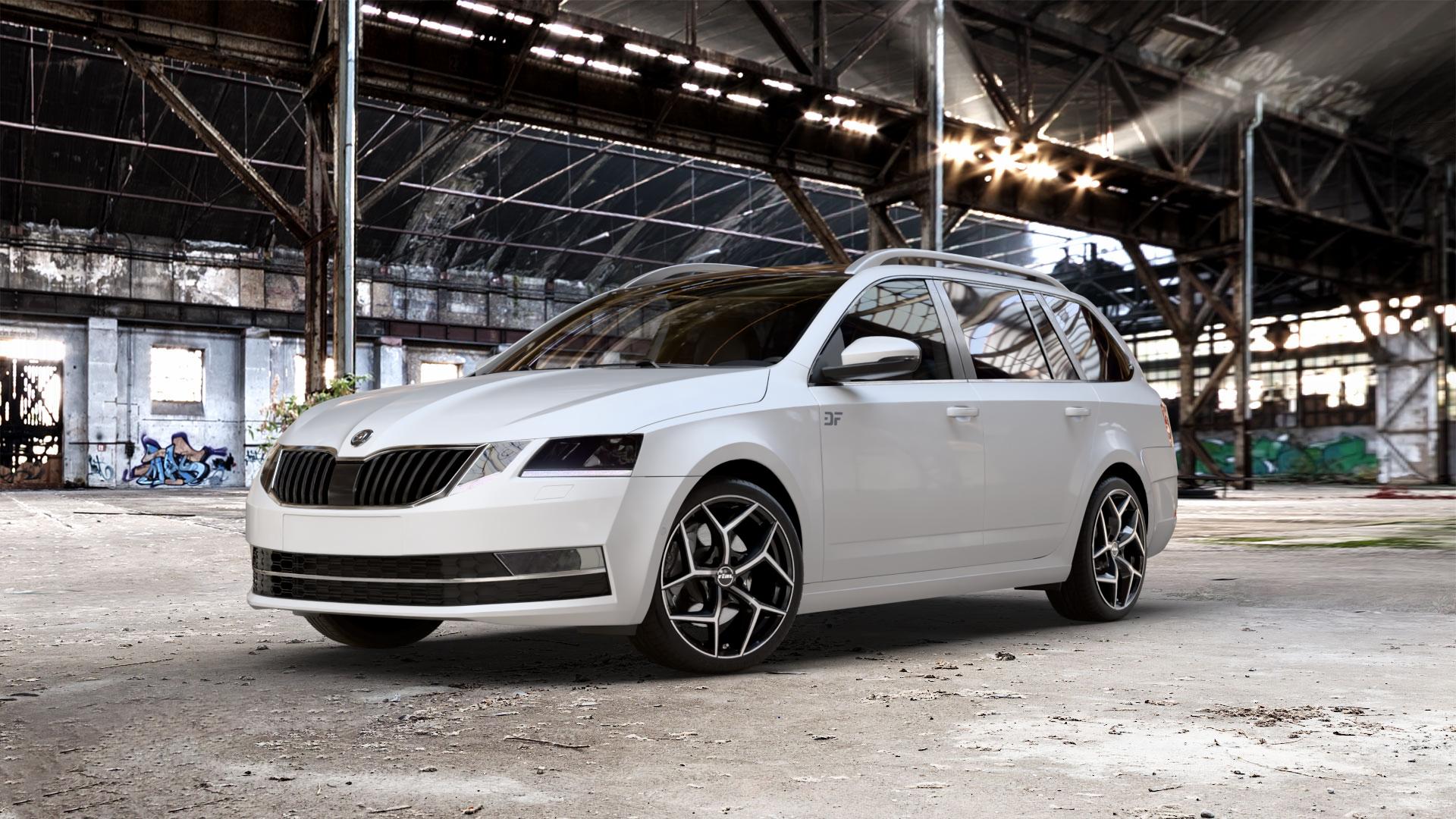 RIAL Salento diamant-schwarz frontpoliert Felge mit Reifen silber in 18Zoll Winterfelge Alufelge auf weissem Skoda Octavia III Kombi Typ 5E Facelift ⬇️ mit 15mm Tieferlegung ⬇️ Old Industrial Hall_max_5300mm_2024 Frontansicht_1