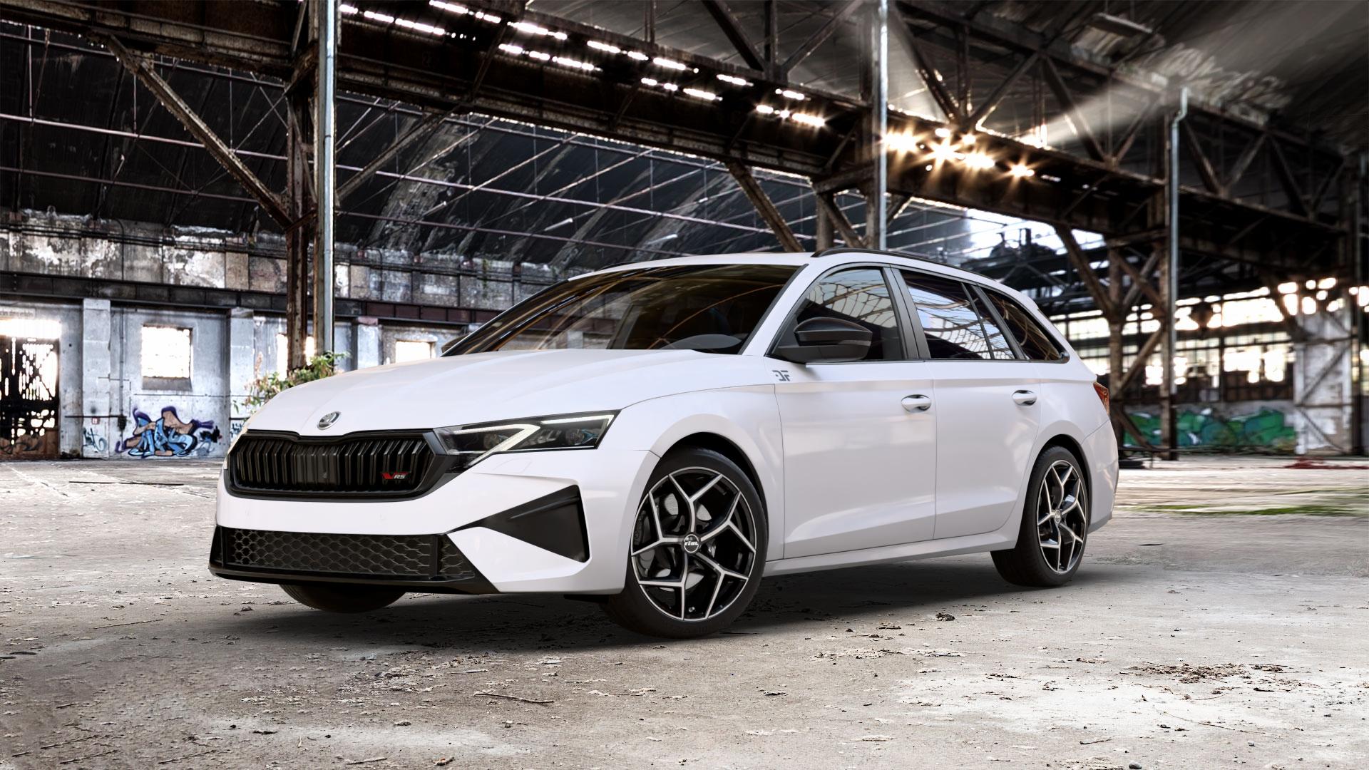 RIAL Salento diamant-schwarz frontpoliert Felge mit Reifen silber in 18Zoll Winterfelge Alufelge auf weissem Skoda Octavia IV Kombi Typ NX Facelift 2,0l TSI 195kW RS (265 PS) ⬇️ mit 15mm Tieferlegung ⬇️ Old Industrial Hall_max_5300mm_2024 Frontansicht_1