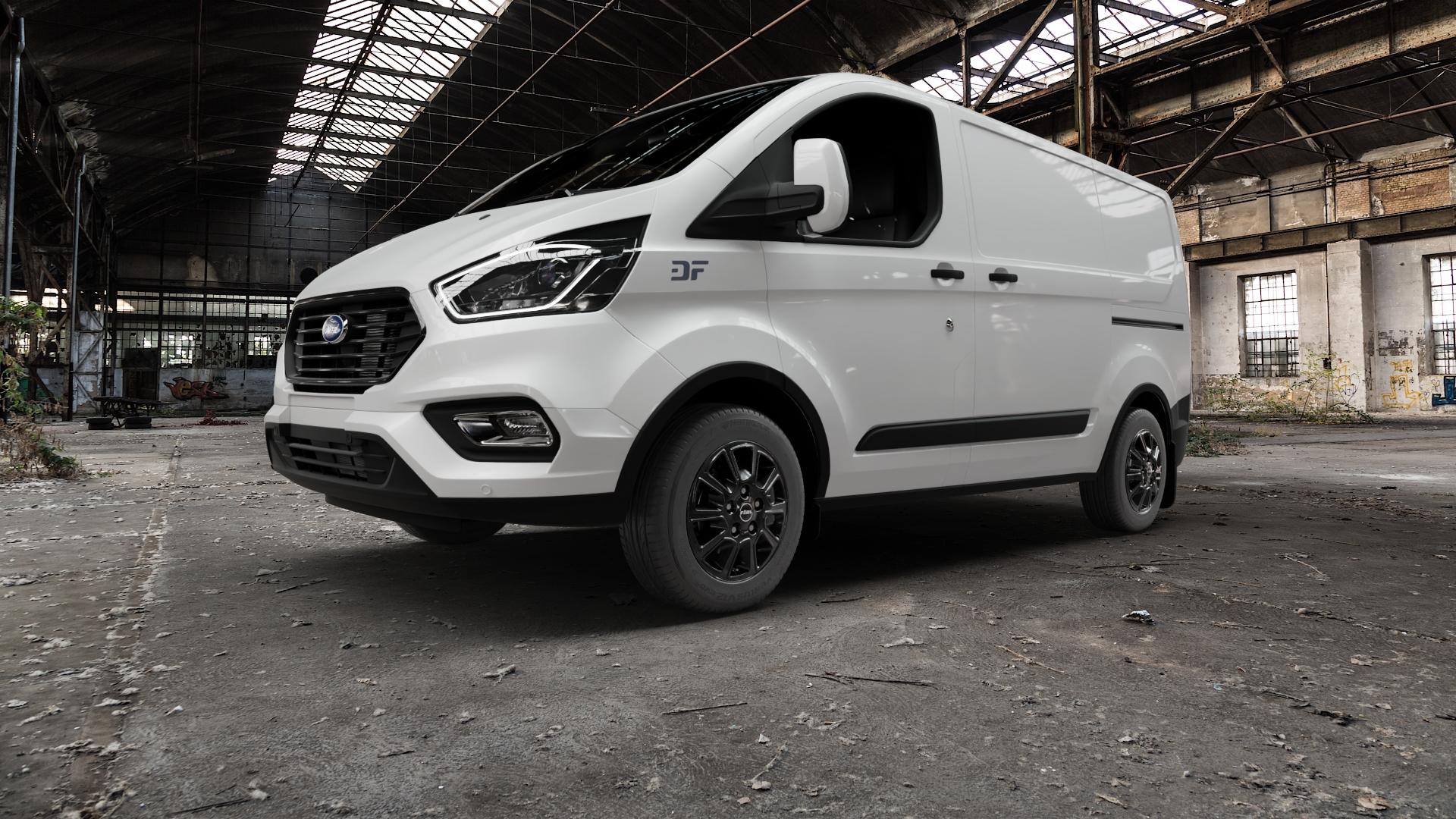 RIAL Transporter 2 diamant-schwarz Felge mit Reifen in 16Zoll Winterfelge Alufelge auf weissem Ford Transit Custom Typ FCC Facelift (18->) ⬇️ mit 15mm Tieferlegung ⬇️ Old Industrial Hall_max5000mm_2022 Frontansicht_1
