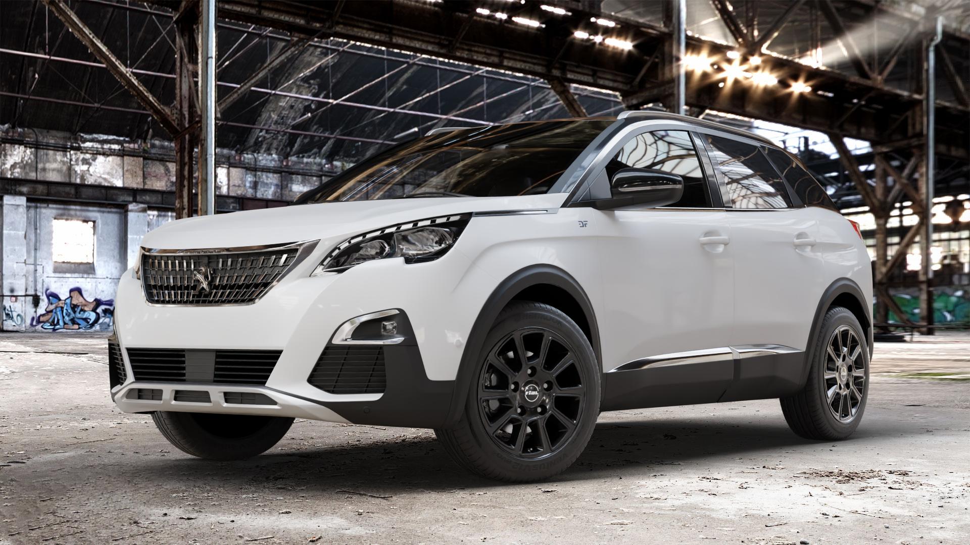 RIAL Transporter 2 diamant-schwarz Felge mit Reifen in 18Zoll Winterfelge Alufelge auf weissem Peugeot 3008 II Typ M ⬇️ mit 15mm Tieferlegung ⬇️ Old Industrial Hall_max_4400mm_2024 Frontansicht_1