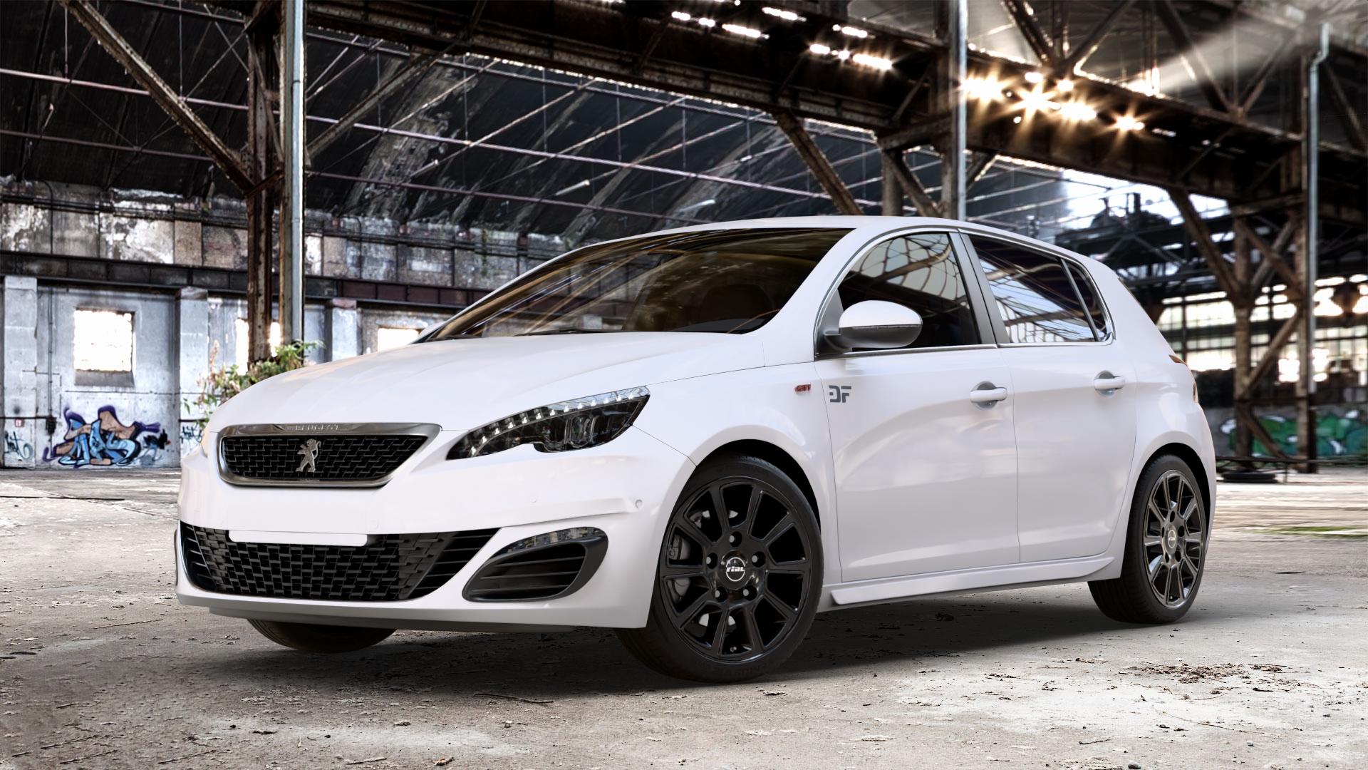 RIAL Transporter 2 diamant-schwarz Felge mit Reifen in 18Zoll Winterfelge Alufelge auf weissem Peugeot 308 II Typ L Facelift ⬇️ mit 15mm Tieferlegung ⬇️ Old Industrial Hall_max_4400mm_2024 Frontansicht_1