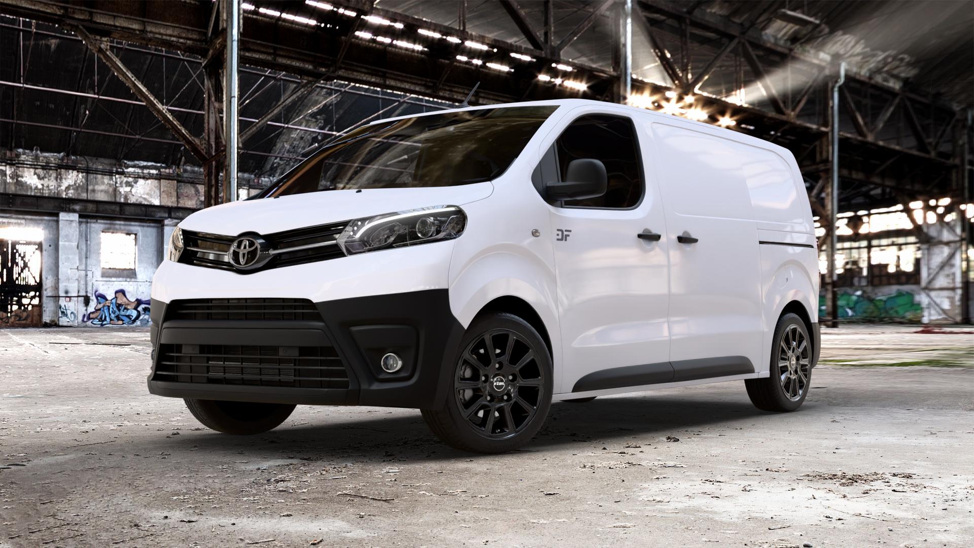 RIAL Transporter 2 diamant-schwarz Felge mit Reifen in 18Zoll Winterfelge Alufelge auf weissem Toyota Proace II Typ V ⬇️ mit 15mm Tieferlegung ⬇️ Old Industrial Hall_max_5300mm_2024 Frontansicht_1