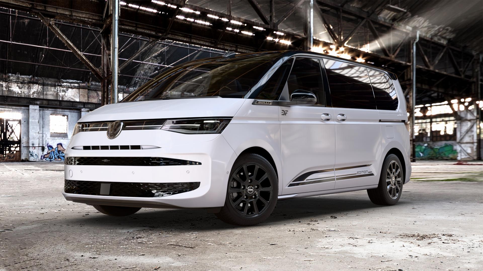 RIAL Transporter 2 diamant-schwarz Felge mit Reifen in 18Zoll Winterfelge Alufelge auf weissem und schwarzem Volkswagen (VW) T7 Multivan Bus ⬇️ mit 15mm Tieferlegung ⬇️ Old Industrial Hall_max_5300mm_2024 Frontansicht_1