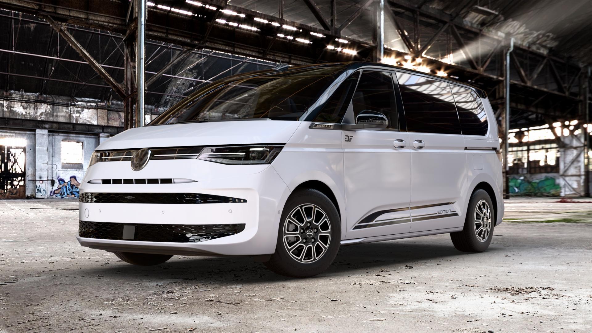 RIAL Transporter 2 diamant-schwarz frontpoliert Felge mit Reifen silber in 16Zoll Winterfelge Alufelge auf weissem und schwarzem Volkswagen (VW) T7 Multivan Bus ⬇️ mit 15mm Tieferlegung ⬇️ Old Industrial Hall_max_5300mm_2024 Frontansicht_1