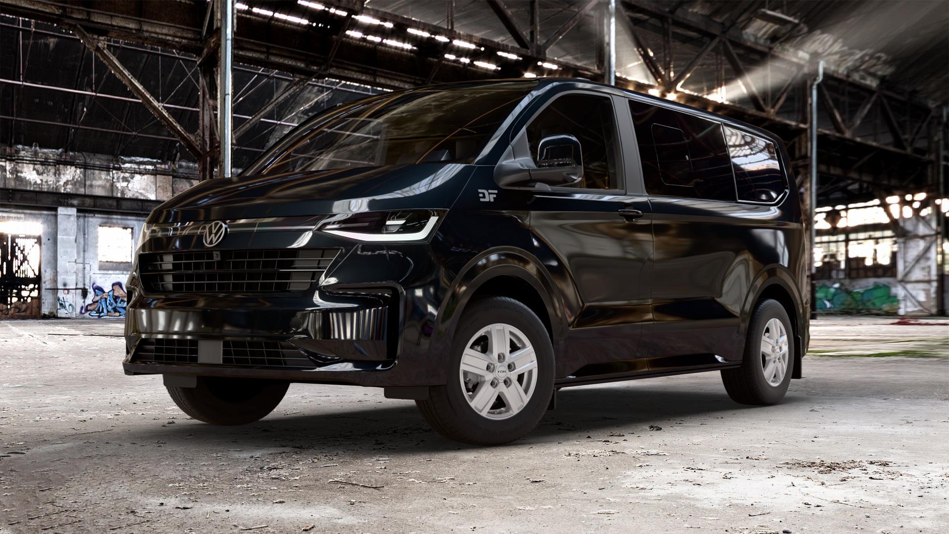 RIAL Transporter polar-silber Felge mit Reifen in 16Zoll Winterfelge Alufelge auf schwarzem Volkswagen (VW) T7 Caravelle ⬇️ mit 15mm Tieferlegung ⬇️ Old Industrial Hall_max_5300mm_2024 Frontansicht_1