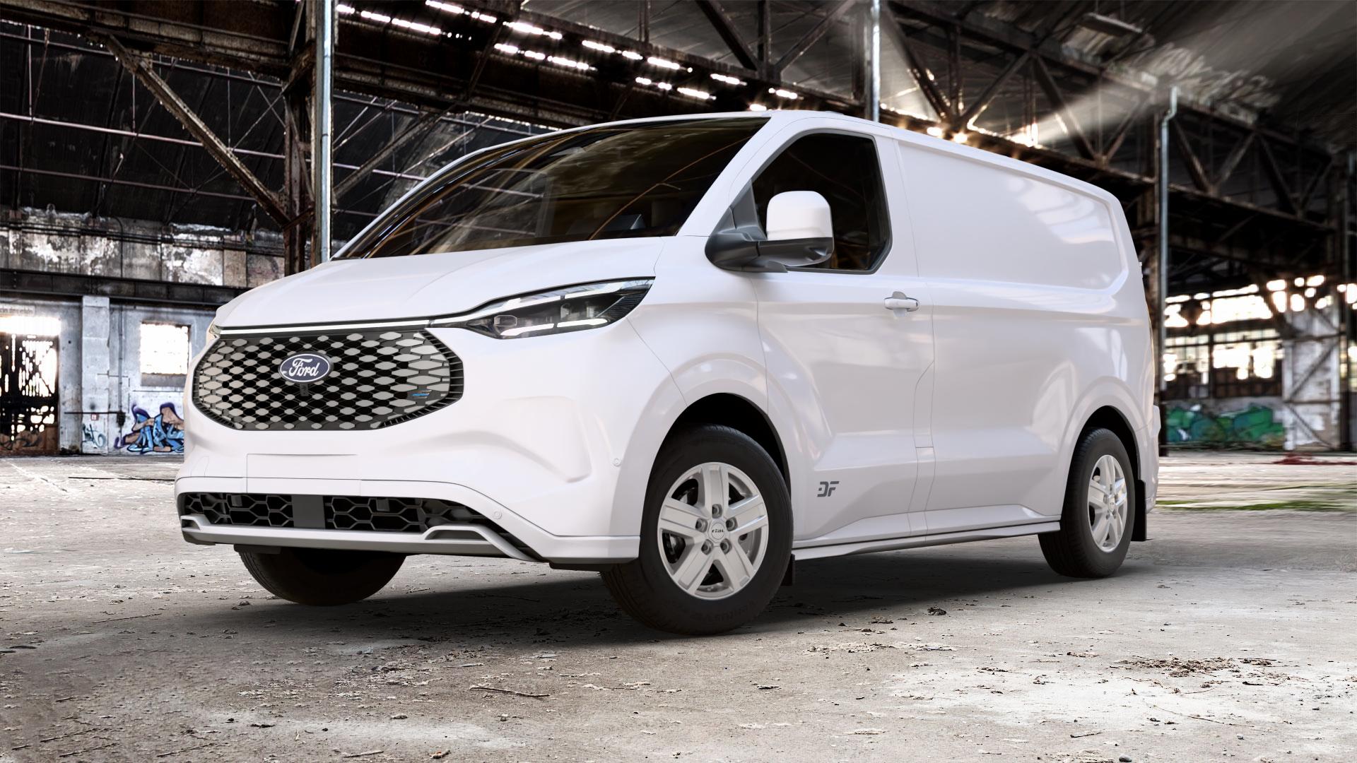 RIAL Transporter polar-silber Felge mit Reifen in 16Zoll Winterfelge Alufelge auf weissem Ford Transit Custom Typ NRN 0,0l 85kW e-Transit (116 PS) ⬇️ mit 15mm Tieferlegung ⬇️ Old Industrial Hall_max_5300mm_2024 Frontansicht_1