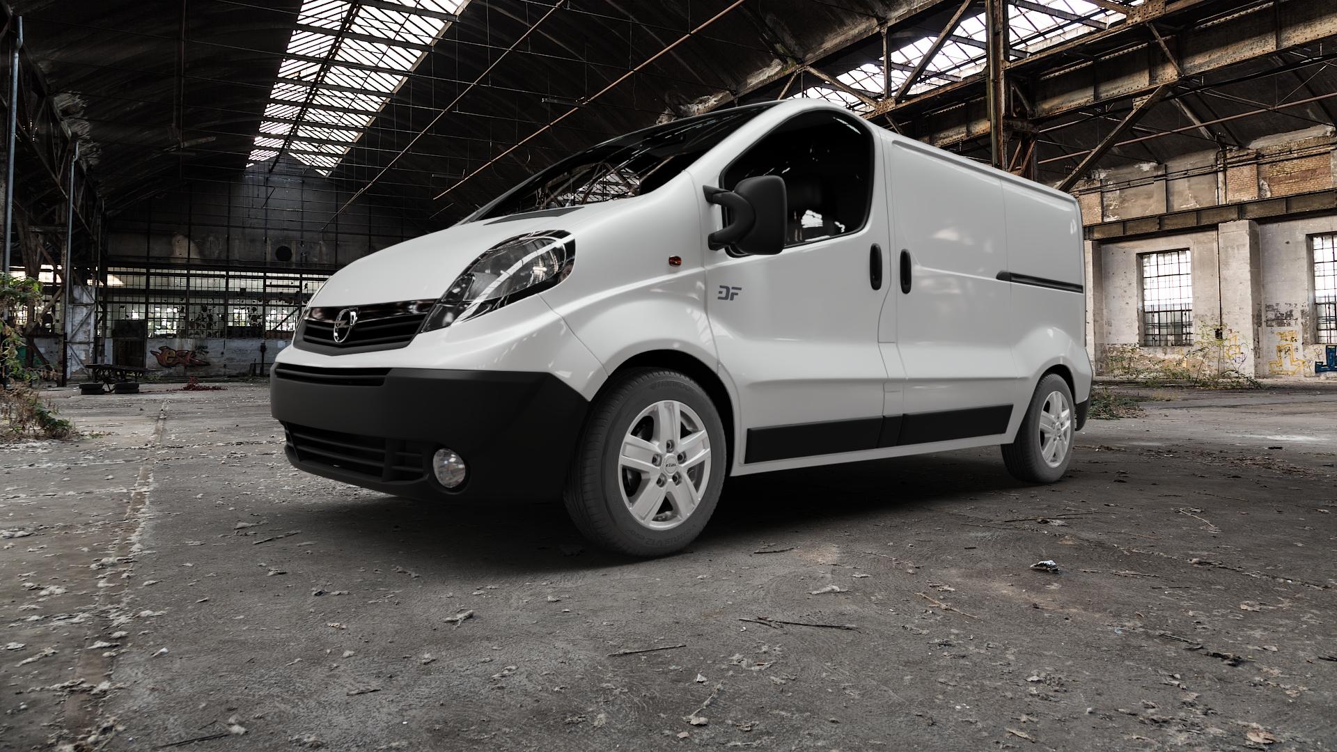 RIAL Transporter polar-silber Felge mit Reifen in 16Zoll Winterfelge Alufelge auf weissem Opel Vivaro A Kasten ⬇️ mit 15mm Tieferlegung ⬇️ Old Industrial Hall_max5000mm_2022 Frontansicht_1