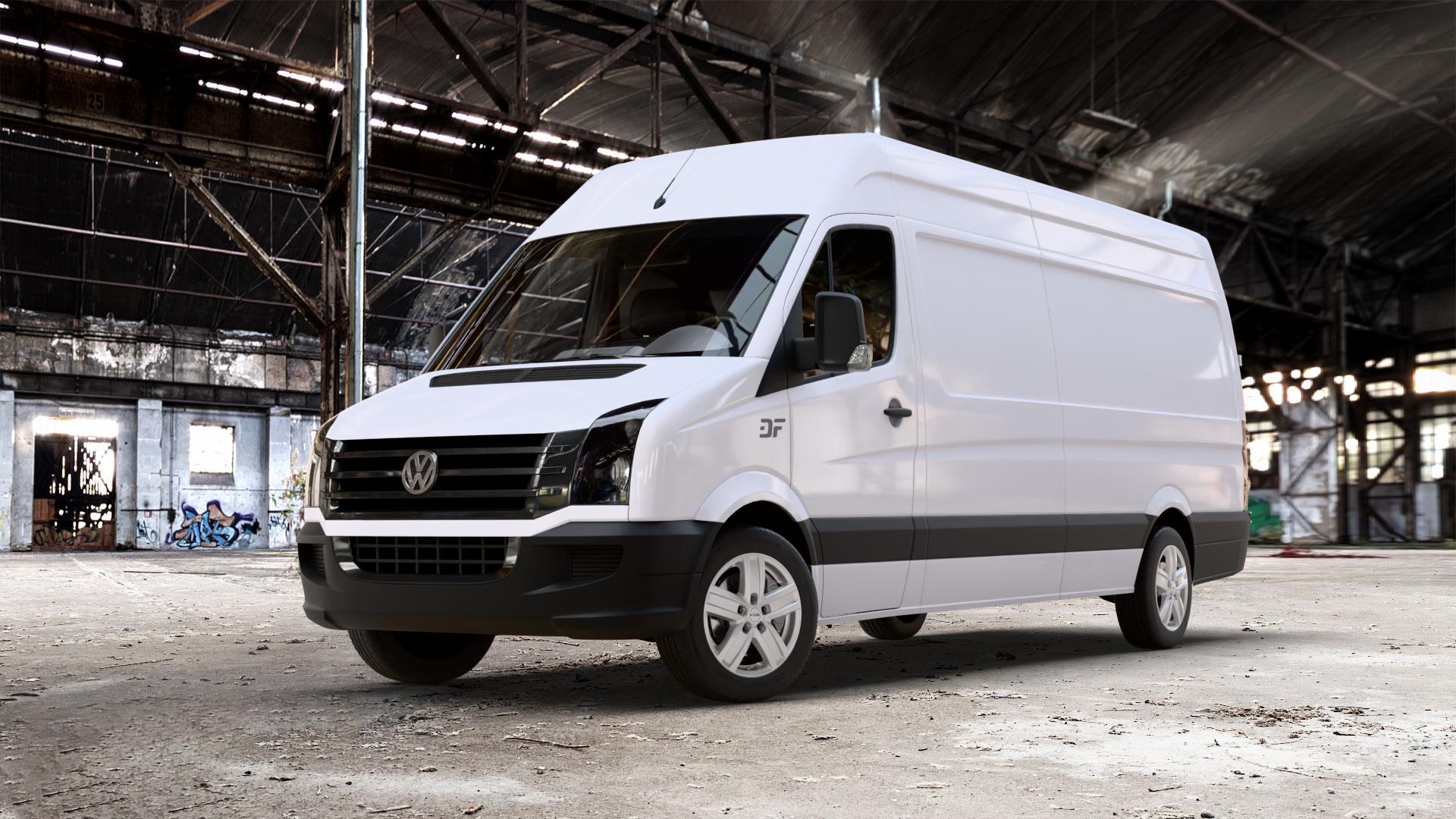RIAL Transporter polar-silber Felge mit Reifen in 17Zoll Winterfelge Alufelge auf weissem Volkswagen (VW) Crafter 30-50 Kasten 30-35 Bus Typ 2EC1 2EC2 2EKE1 2EKE2 2EKZ 4Motion ⬇️ mit 15mm Tieferlegung ⬇️ Old Industrial Hall_max_7000mm_2024 Frontansicht_1