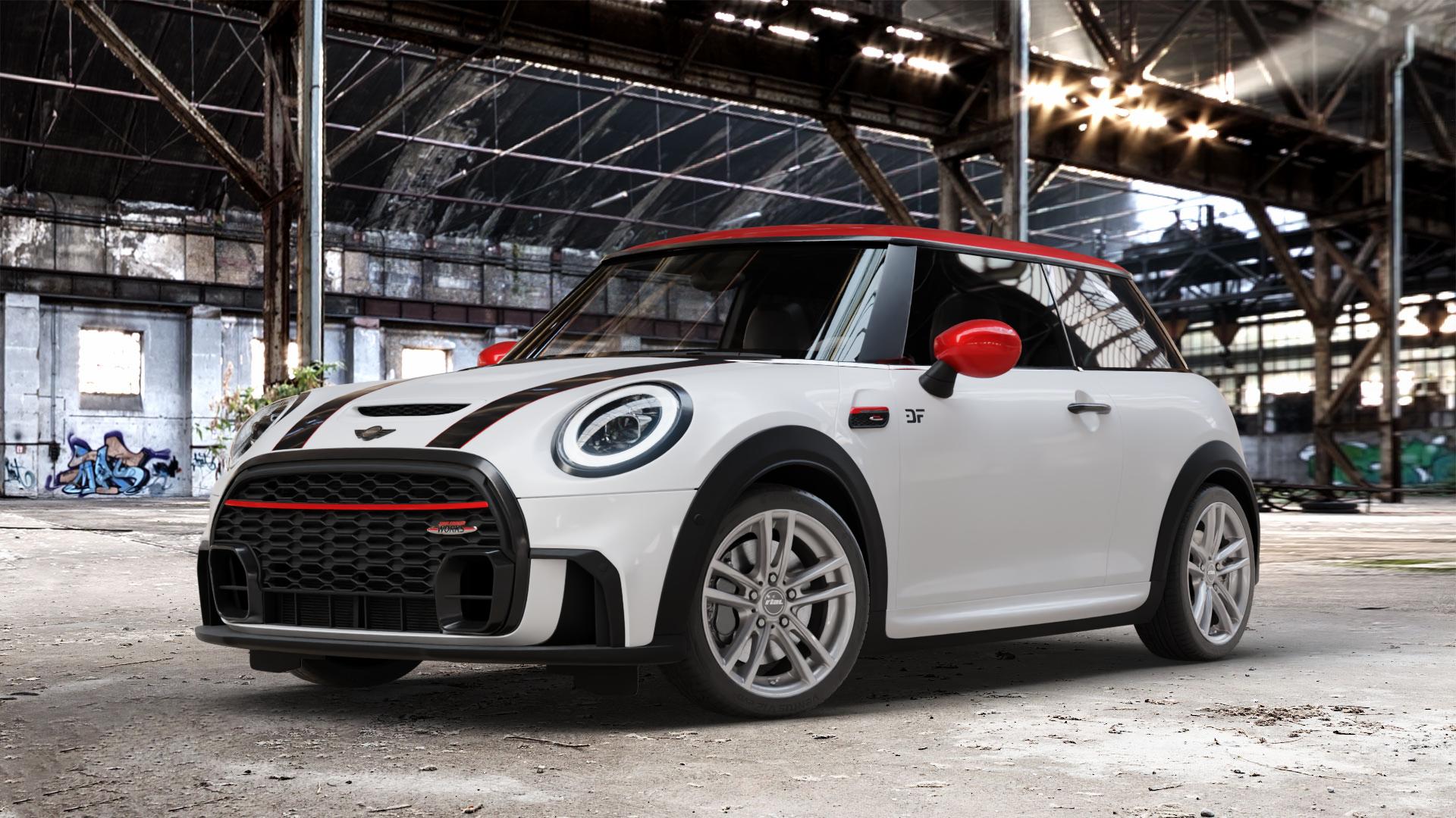 RIAL X10 metal-grey Felge mit Reifen grau in 17Zoll Winterfelge Alufelge auf weissem Mini F56 Typ FML2 (3-Türer Limousine) Facelift 21-> 2,0l Cooper S 131kW (178 PS) 120kW (163 JCW 170kW (231 ⬇️ mit 15mm Tieferlegung ⬇️ Old Industrial Hall_max_4400mm_2024 Frontansicht_1