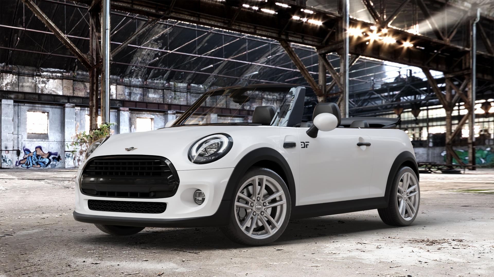 RIAL X10 metal-grey Felge mit Reifen grau in 17Zoll Winterfelge Alufelge auf weissem Mini F57 Typ UKL-L (Cabriolet) 1,5l Cooper 100kW (136 PS) D 85kW (116 1,2l One 75kW (102 FMCA Facelift ⬇️ mit 15mm Tieferlegung ⬇️ Old Industrial Hall_max_4400mm_2024 Frontansicht_1