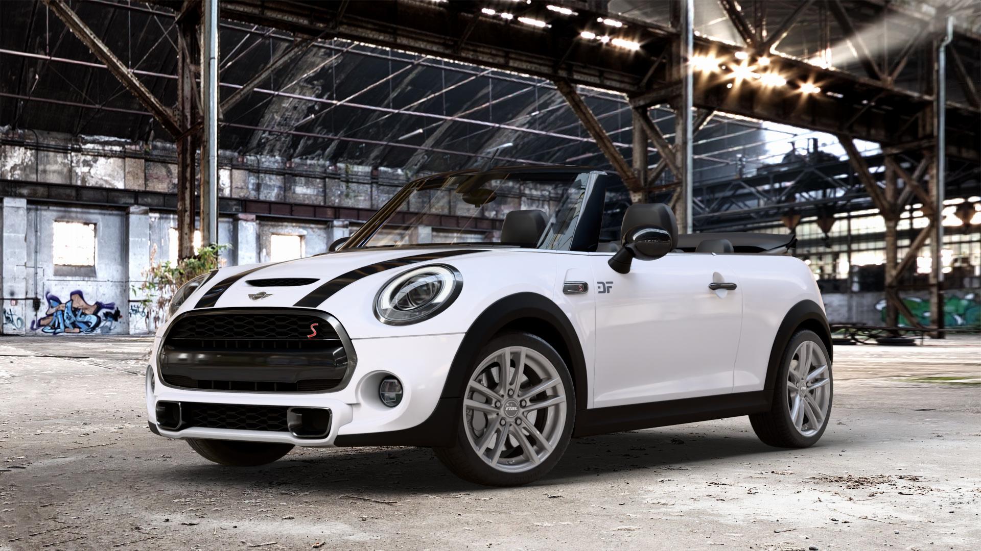 RIAL X10 metal-grey Felge mit Reifen grau in 17Zoll Winterfelge Alufelge auf weissem Mini F57 Typ UKL-L (Cabriolet) 2,0l Cooper S 141kW (192 PS) SD 125kW (170 JCW 170kW (231 FMCA 155kW (211 120kW (163 Facelift ⬇️ mit 15mm Tieferlegung ⬇️ Old Industrial Hall_max_4400mm_2024 Frontansicht_1