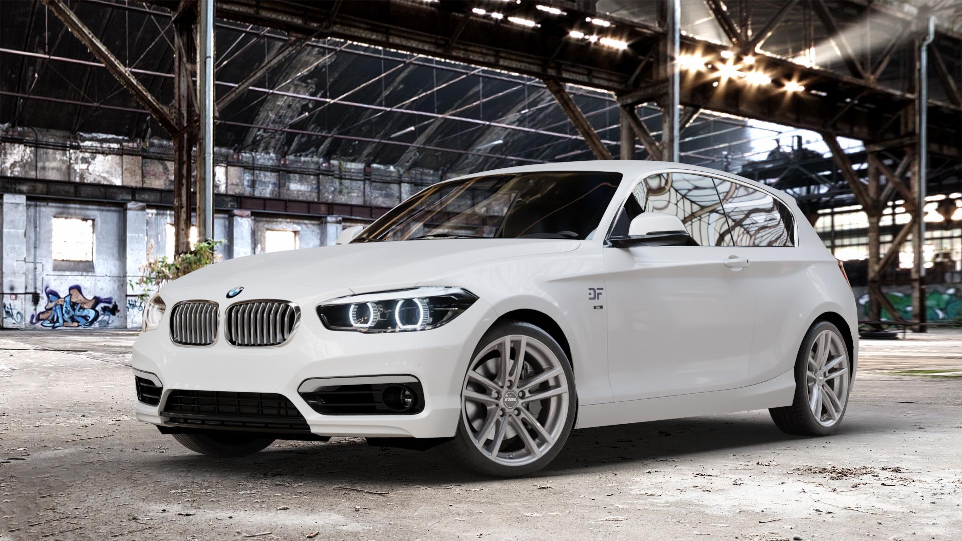 RIAL X10 metal-grey Felge mit Reifen grau in 18Zoll Winterfelge Alufelge auf weissem BMW 114i Typ F21 116i 118i 125i 114d 116d 118d 120d 125d xDrive Facelift EffDyn Edition 1er Dreitürer (1K2) ⬇️ mit 15mm Tieferlegung ⬇️ Old Industrial Hall_max_4400mm_2024 Frontansicht_1