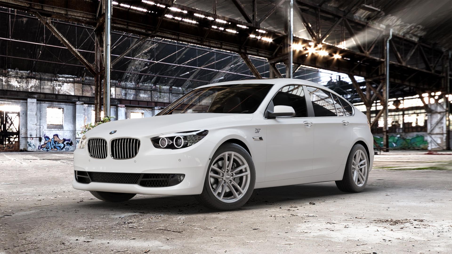 RIAL X10 metal-grey Felge mit Reifen grau in 18Zoll Winterfelge Alufelge auf weissem BMW 535i GT Typ F07 xDrive 550i 530d 535d 520d 528i 5er Gran Turismo (GT, K-N1) ⬇️ mit 15mm Tieferlegung ⬇️ Old Industrial Hall_max_5300mm_2024 Frontansicht_1