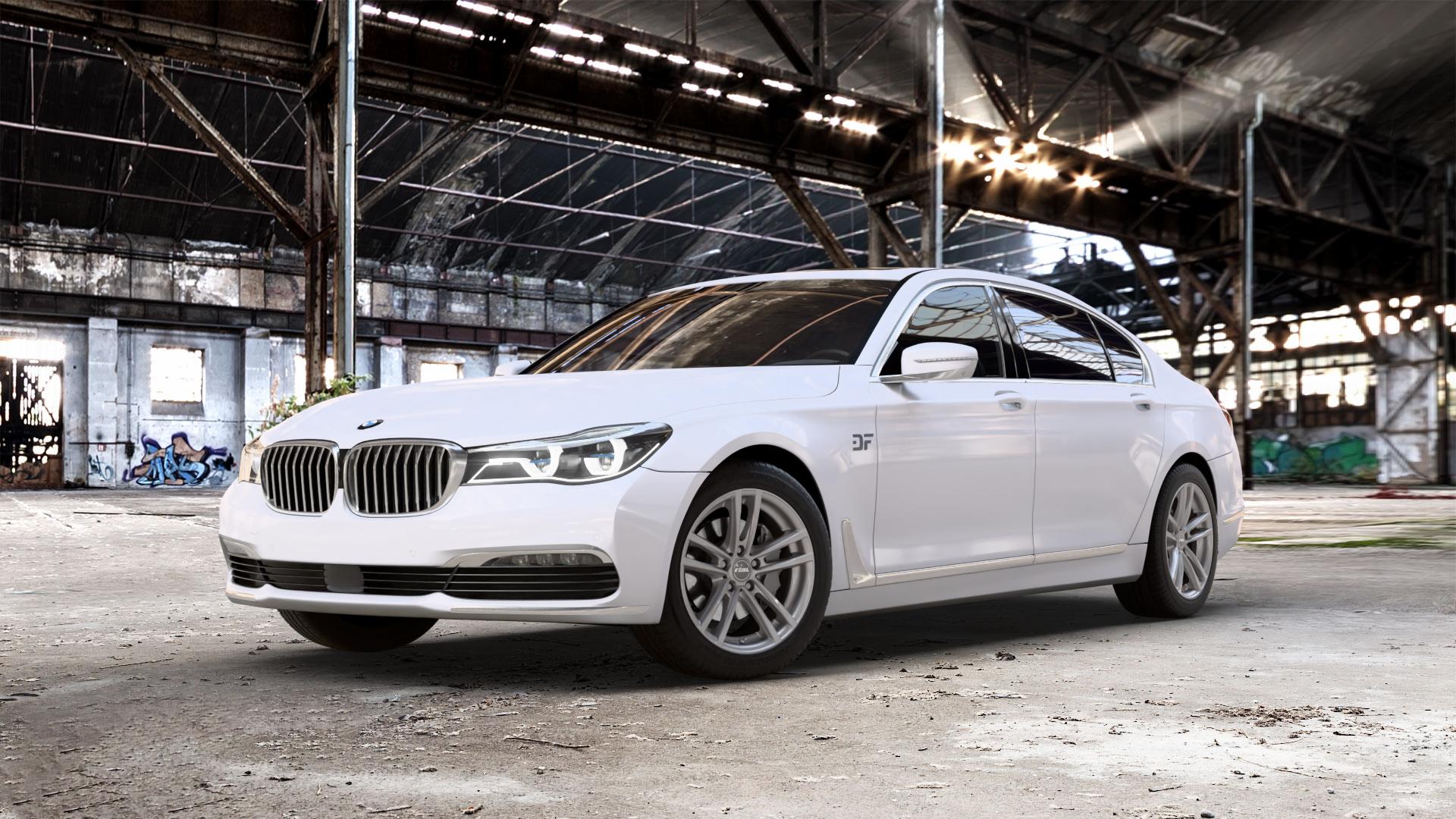 RIAL X10 metal-grey Felge mit Reifen grau in 18Zoll Winterfelge Alufelge auf weissem BMW 740Li Typ G12 750Li xDrive 730Ld 740Ld 740Le 730Li 750Ld 7er Limousine lang (7L) ⬇️ mit 15mm Tieferlegung ⬇️ Old Industrial Hall_max_5300mm_2024 Frontansicht_1