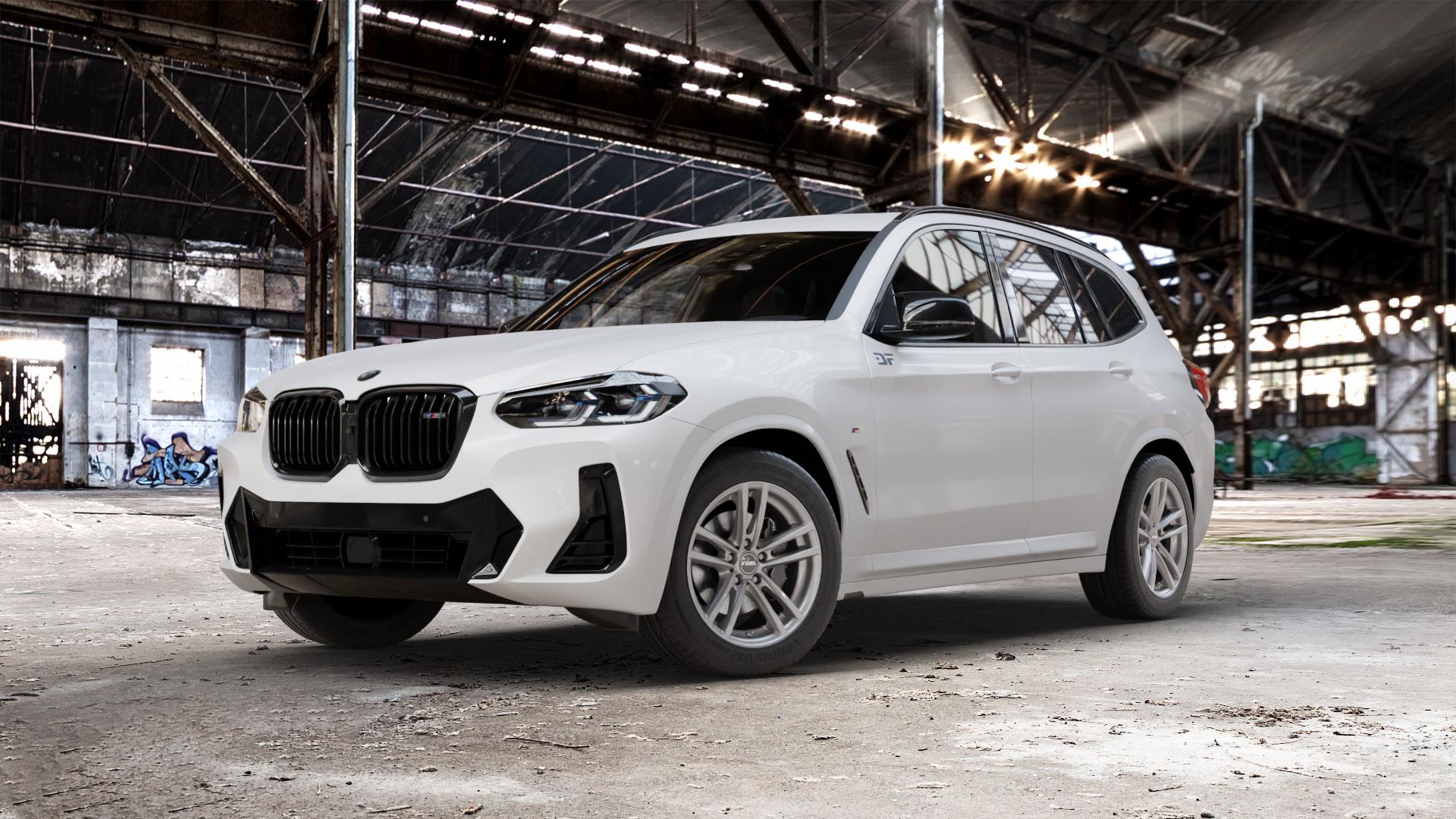 RIAL X10 metal-grey Felge mit Reifen grau in 18Zoll Winterfelge Alufelge auf weissem BMW X3 Typ G01 (G3X) Facelift ⬇️ mit 15mm Tieferlegung ⬇️ Old Industrial Hall_max_5300mm_2024 Frontansicht_1