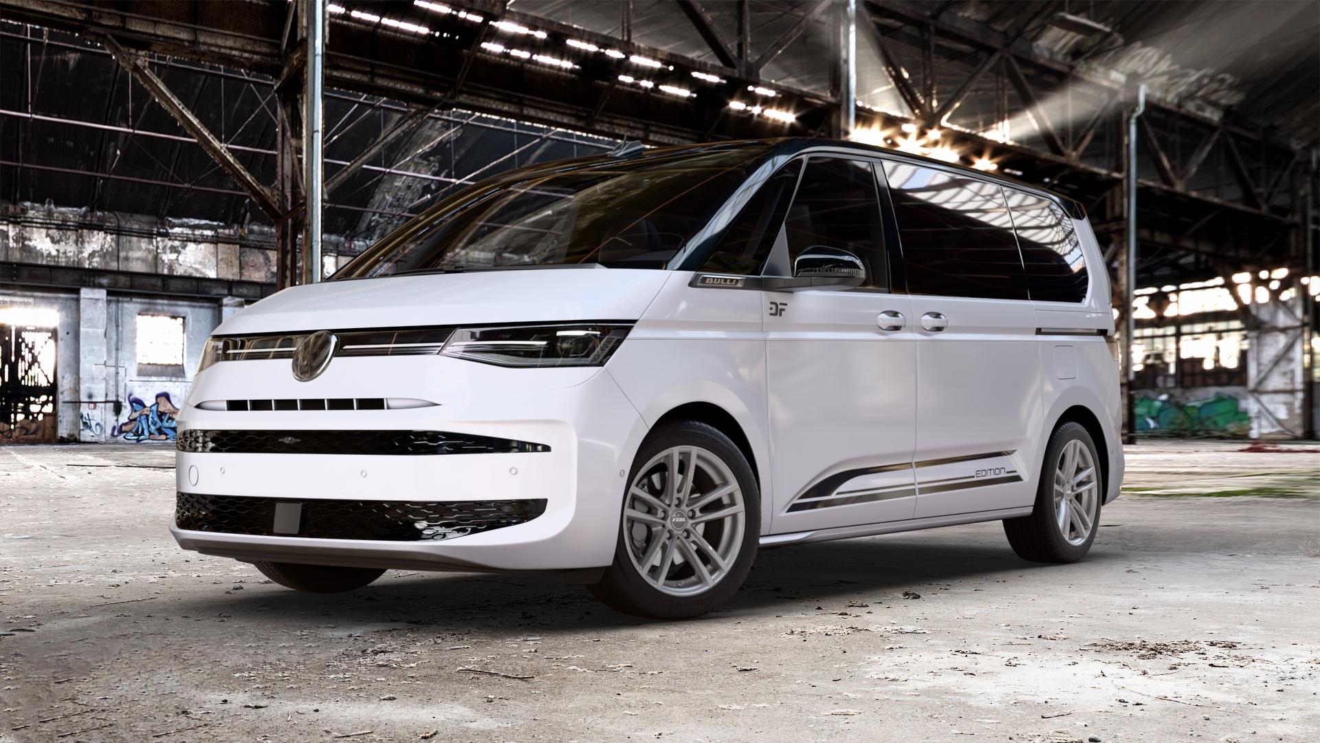 RIAL X10 metal-grey Felge mit Reifen grau in 18Zoll Winterfelge Alufelge auf weissem und schwarzem Volkswagen (VW) T7 Multivan Bus ⬇️ mit 15mm Tieferlegung ⬇️ Old Industrial Hall_max_5300mm_2024 Frontansicht_1