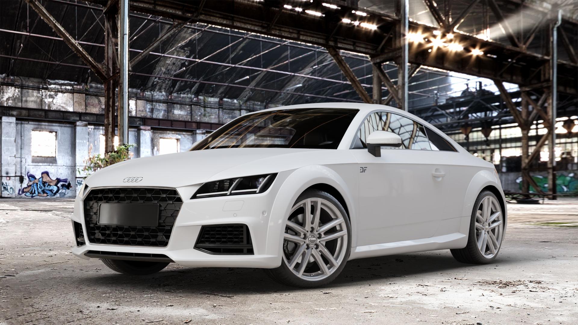 RIAL X10 metal-grey Felge mit Reifen grau in 19Zoll Winterfelge Alufelge auf weissem Audi TT III Typ 8S Facelift (Coupé) (Roadster) ⬇️ mit 15mm Tieferlegung ⬇️ Old Industrial Hall_max_4400mm_2024 Frontansicht_1