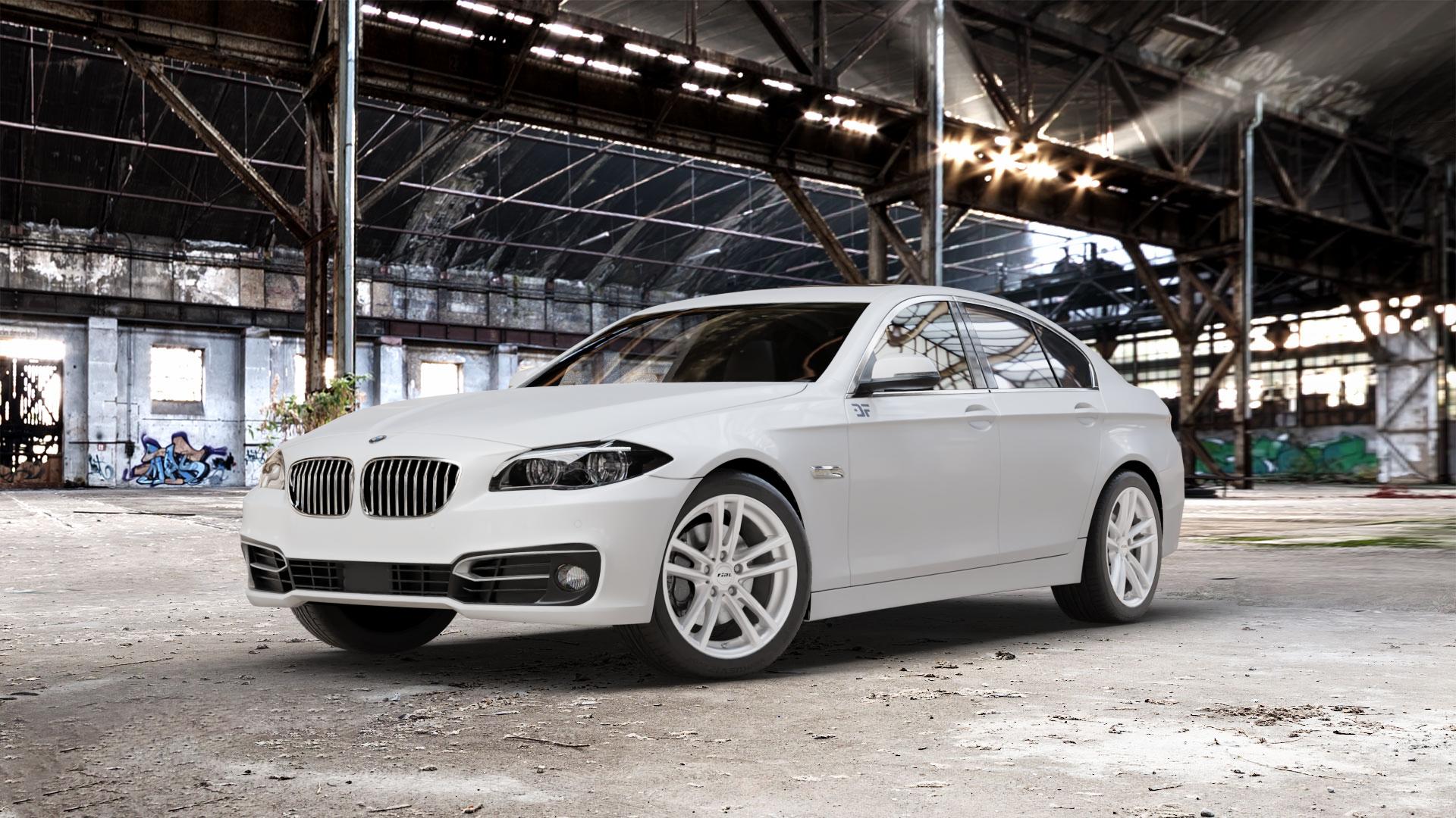 RIAL X10 polar-silber Felge mit Reifen in 18Zoll Winterfelge Alufelge auf weissem BMW 523i Typ F10 (Limousine) 528i 535i 550i 520d 525d 530d 535d xDrive 520i 530i M5 M550d 518d ActiveHybrid 5L (F10) 5er Limousine (5L, HY) Lang (KL) ⬇️ mit 15mm Tieferlegung ⬇️ Old Industrial Hall_max_5300mm_2024 Frontansicht_1