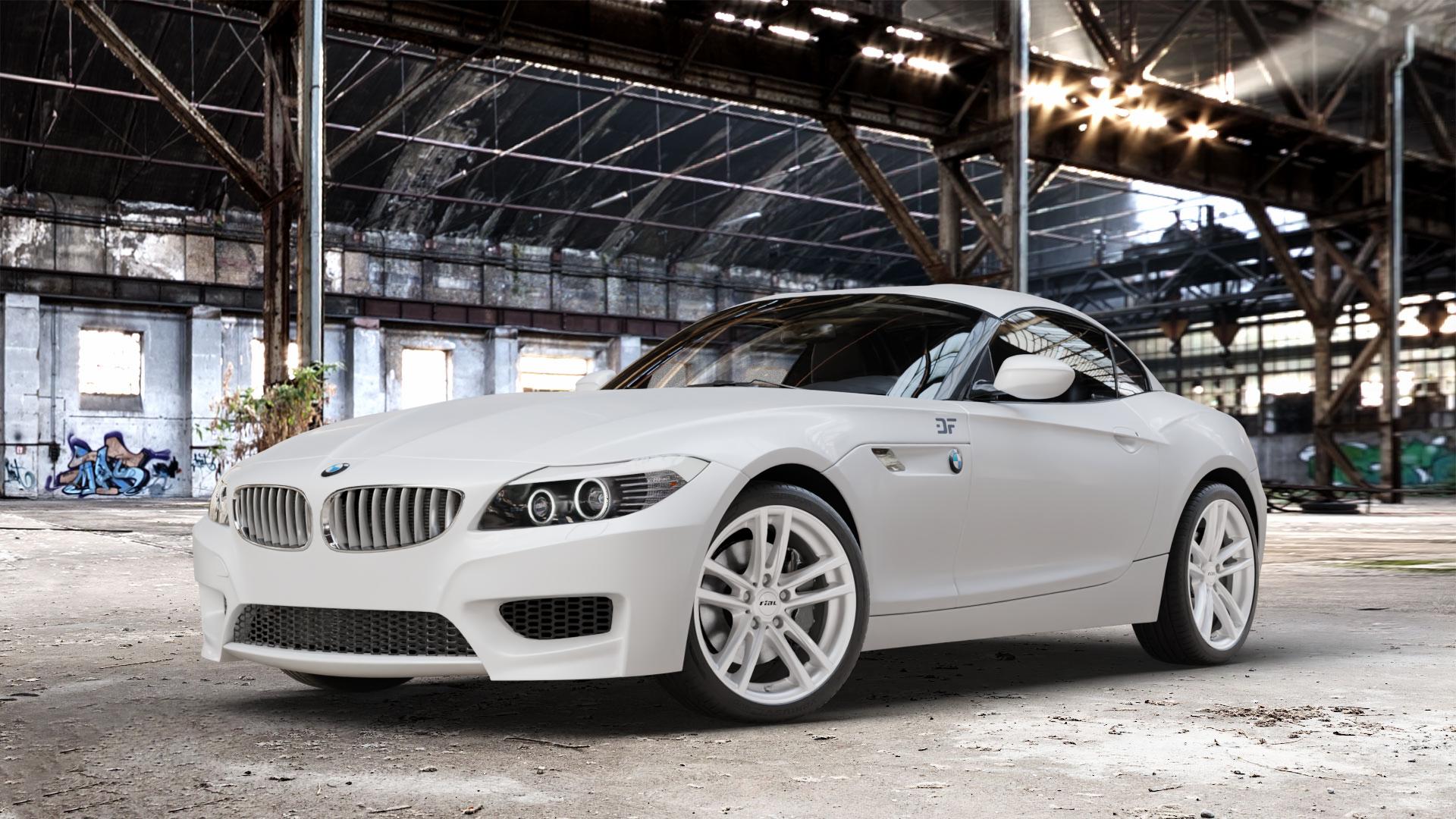 RIAL X10 polar-silber Felge mit Reifen in 18Zoll Winterfelge Alufelge auf weissem BMW Z4 Roadster Typ E89 (Z89, ZR) ⬇️ mit 15mm Tieferlegung ⬇️ Old Industrial Hall_max_4400mm_2024 Frontansicht_1