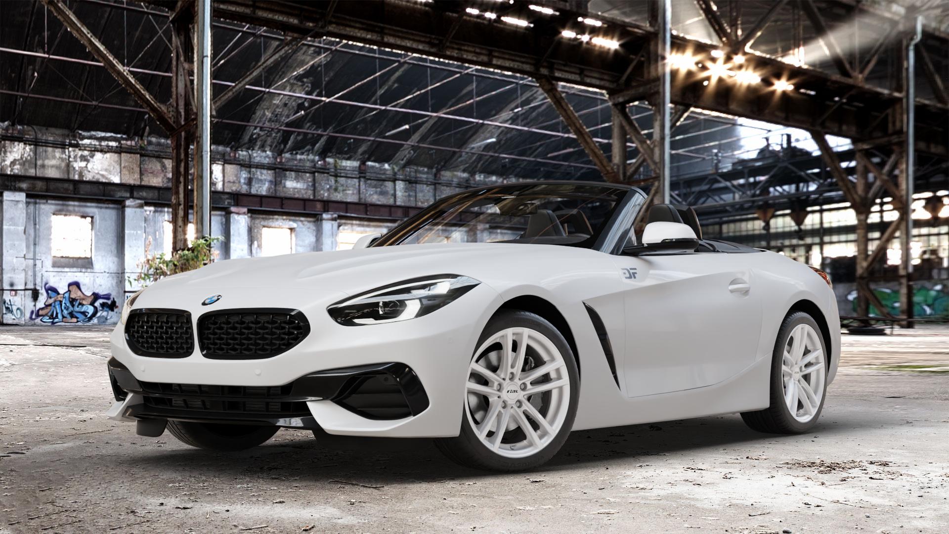 RIAL X10 polar-silber Felge mit Reifen in 18Zoll Winterfelge Alufelge auf weissem BMW Z4 Roadster Typ G29 (G4Z) Z1 Z8 ⬇️ mit 15mm Tieferlegung ⬇️ Old Industrial Hall_max_4400mm_2024 Frontansicht_1