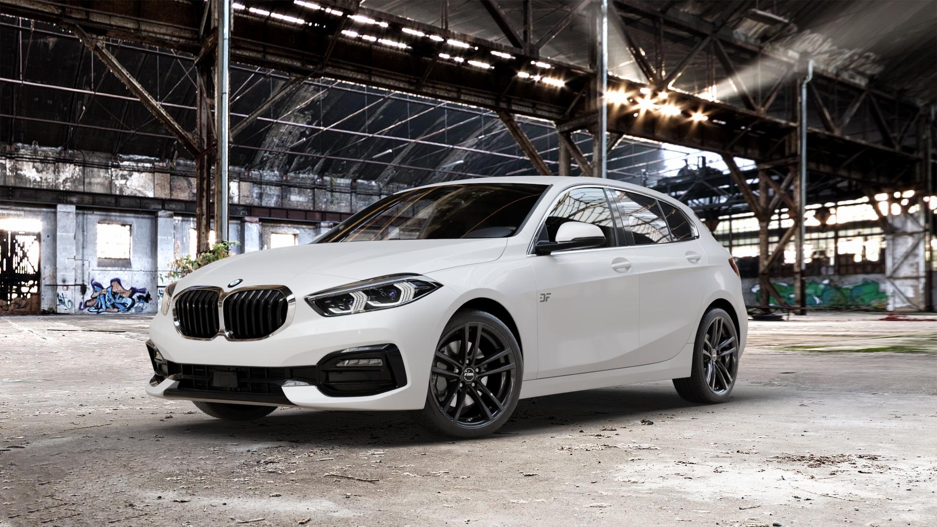 RIAL X10 racing-schwarz Felge mit Reifen in 18Zoll Winterfelge Alufelge auf weissem BMW 1 M135i xDrive Typ F40 2,0l 225kW (306 PS) 116d 1,5l 85kW (116 118d 110kW (150 100kW (136 118i 103kW (140 120d 140kW (190 116i 80kW (109 120i 131kW (178 128t ⬇️ mit 15mm Tieferlegung ⬇️ Old Industrial Hall_max_5300mm_2024 Frontansicht_1