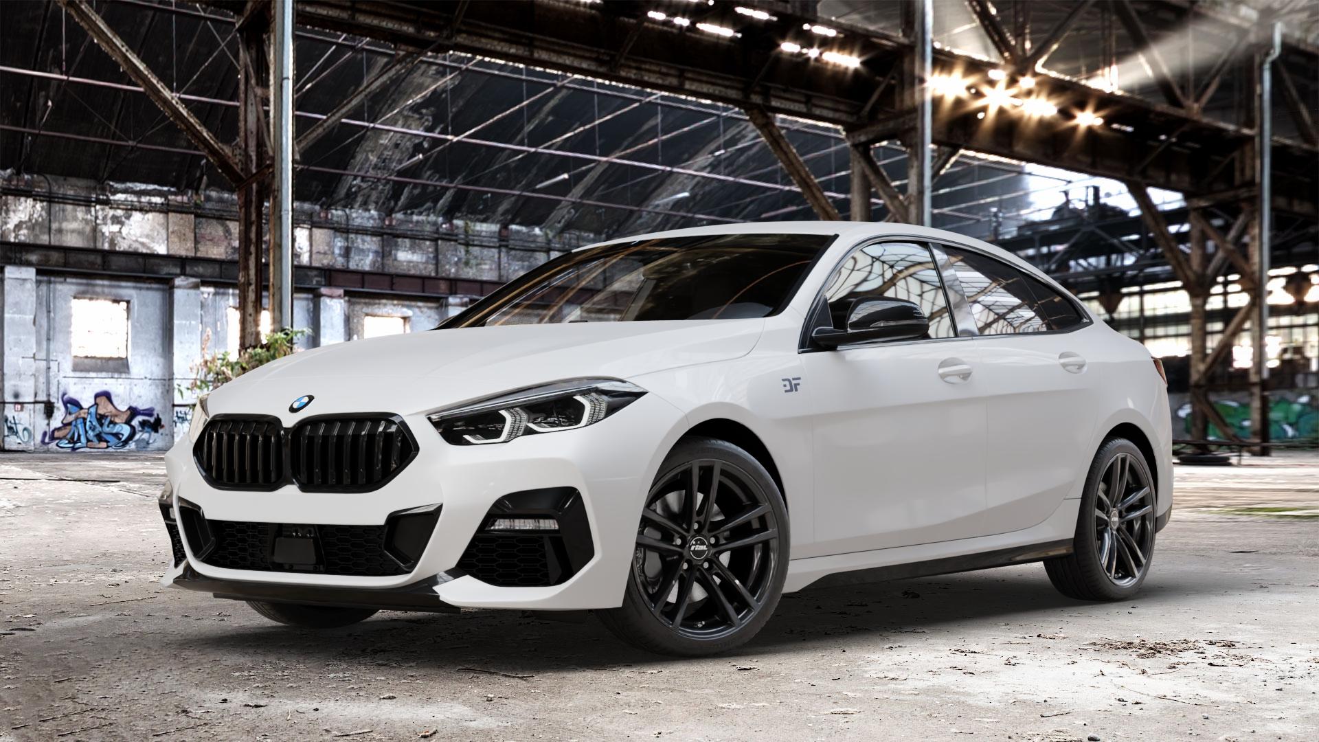 RIAL X10 racing-schwarz Felge mit Reifen in 18Zoll Winterfelge Alufelge auf weissem BMW 216d Typ F44 (Gran Coupe) 218i 220d 2 M235i xDrive 218d 220i 2er Gran Coupe (F2GC) ⬇️ mit 15mm Tieferlegung ⬇️ Old Industrial Hall_max_4400mm_2024 Frontansicht_1