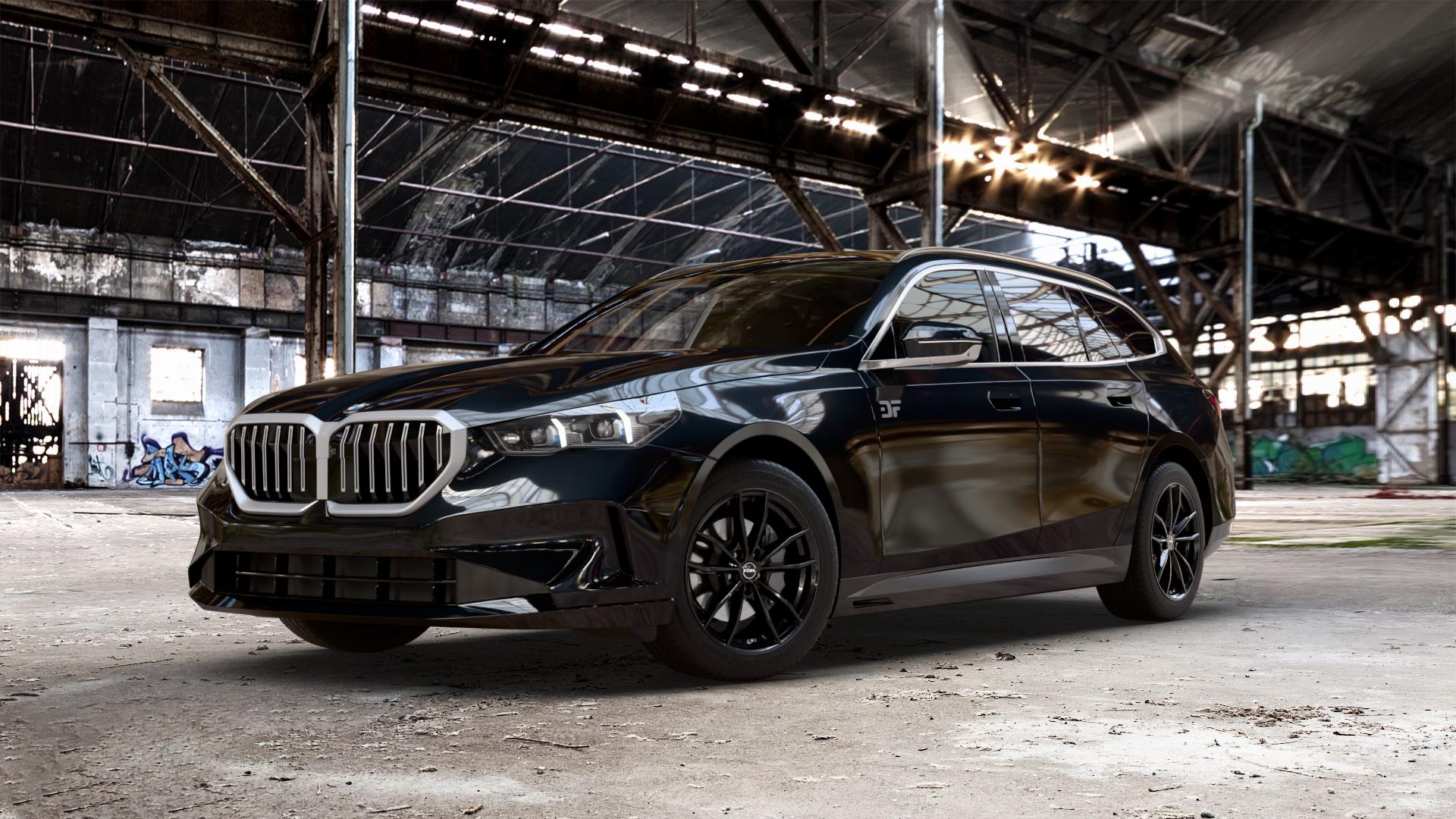 RIAL X12 diamant-schwarz Felge mit Reifen in 18Zoll Winterfelge Alufelge auf schwarzem metallic BMW 520d Typ G61 (Touring) xDrive 5er Touring (G6K) ⬇️ mit 15mm Tieferlegung ⬇️ Old Industrial Hall_max_5300mm_2024 Frontansicht_1