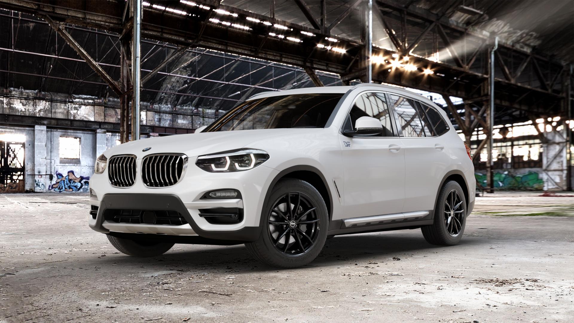 RIAL X12 diamant-schwarz Felge mit Reifen in 18Zoll Winterfelge Alufelge auf weissem BMW X3 Typ G01 (G3X) ⬇️ mit 15mm Tieferlegung ⬇️ Old Industrial Hall_max_5300mm_2024 Frontansicht_1