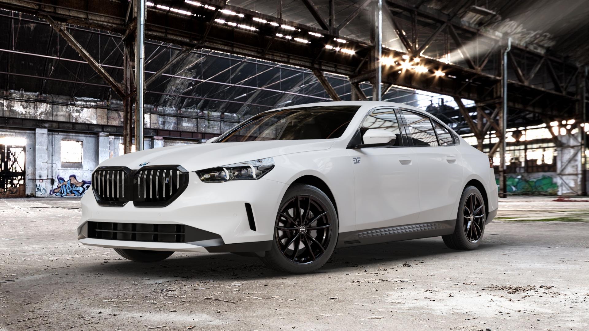 RIAL X12 diamant-schwarz Felge mit Reifen in 19Zoll Winterfelge Alufelge auf weissem BMW i5 (G6E) 0,0l eDrive40 105kW (143 PS) ⬇️ mit 15mm Tieferlegung ⬇️ Old Industrial Hall_max_5300mm_2024 Frontansicht_1