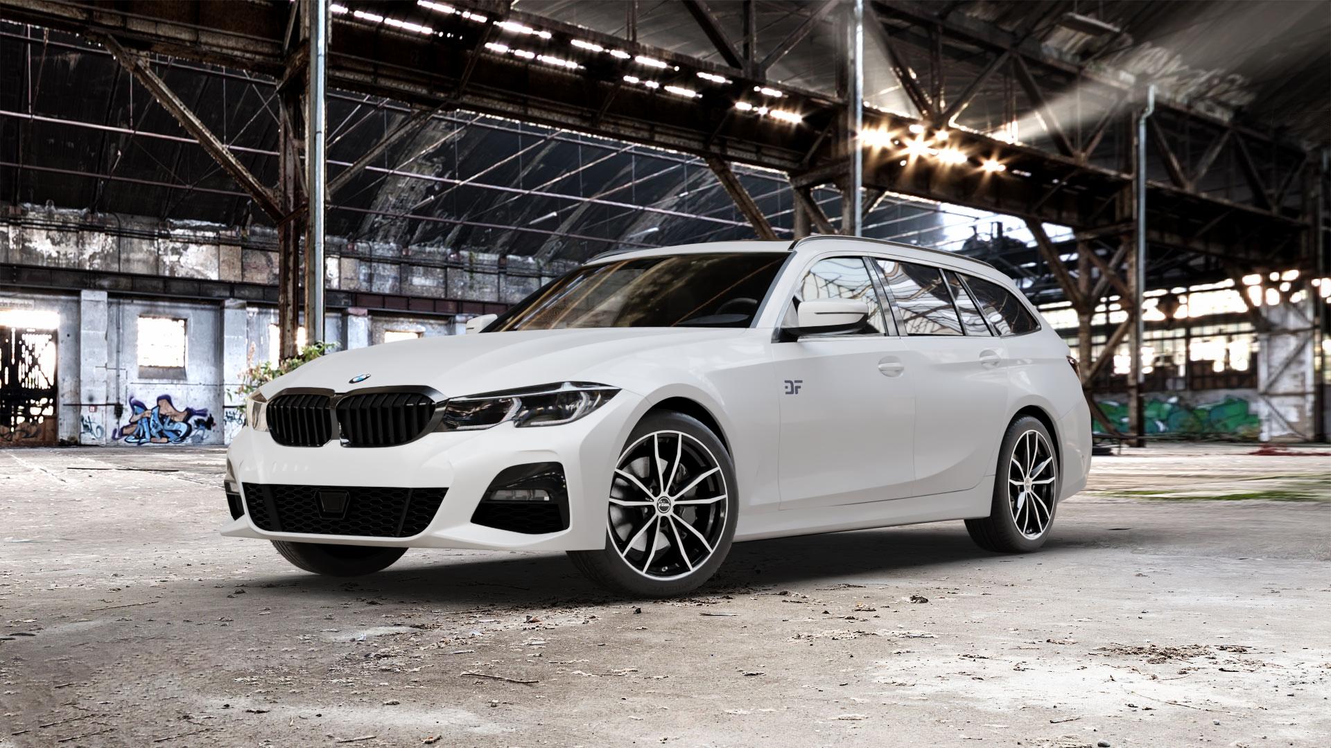 RIAL X12 diamant-schwarz frontpoliert Felge mit Reifen silber mehrfarbig in 18Zoll Winterfelge Alufelge auf weissem BMW 3er G21 Touring (G3K) ⬇️ mit 15mm Tieferlegung ⬇️ Old Industrial Hall_max_5300mm_2024 Frontansicht_1