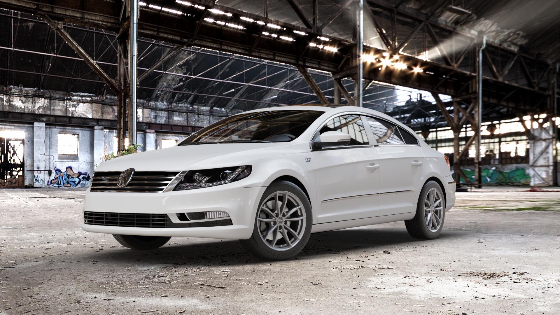 RIAL X12 metal-grey Felge mit Reifen grau in 17Zoll Winterfelge Alufelge auf weissem Volkswagen (VW) Passat CC II (15->) ⬇️ mit 15mm Tieferlegung ⬇️ Old Industrial Hall_max_5300mm_2024 Frontansicht_1