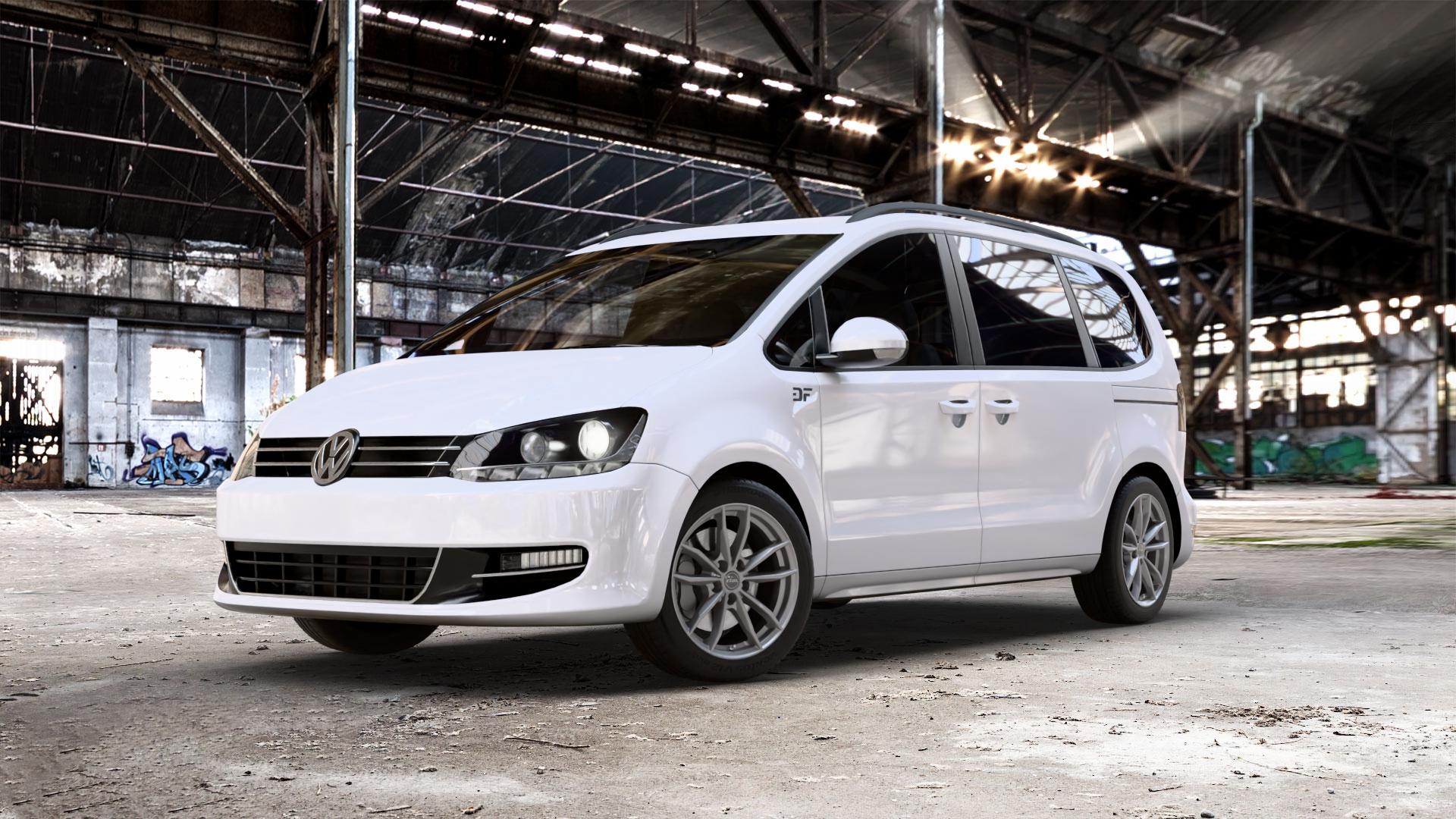RIAL X12 metal-grey Felge mit Reifen grau in 17Zoll Winterfelge Alufelge auf weissem Volkswagen (VW) Sharan I Typ 7M II 7N ⬇️ mit 15mm Tieferlegung ⬇️ Old Industrial Hall_max_5300mm_2024 Frontansicht_1