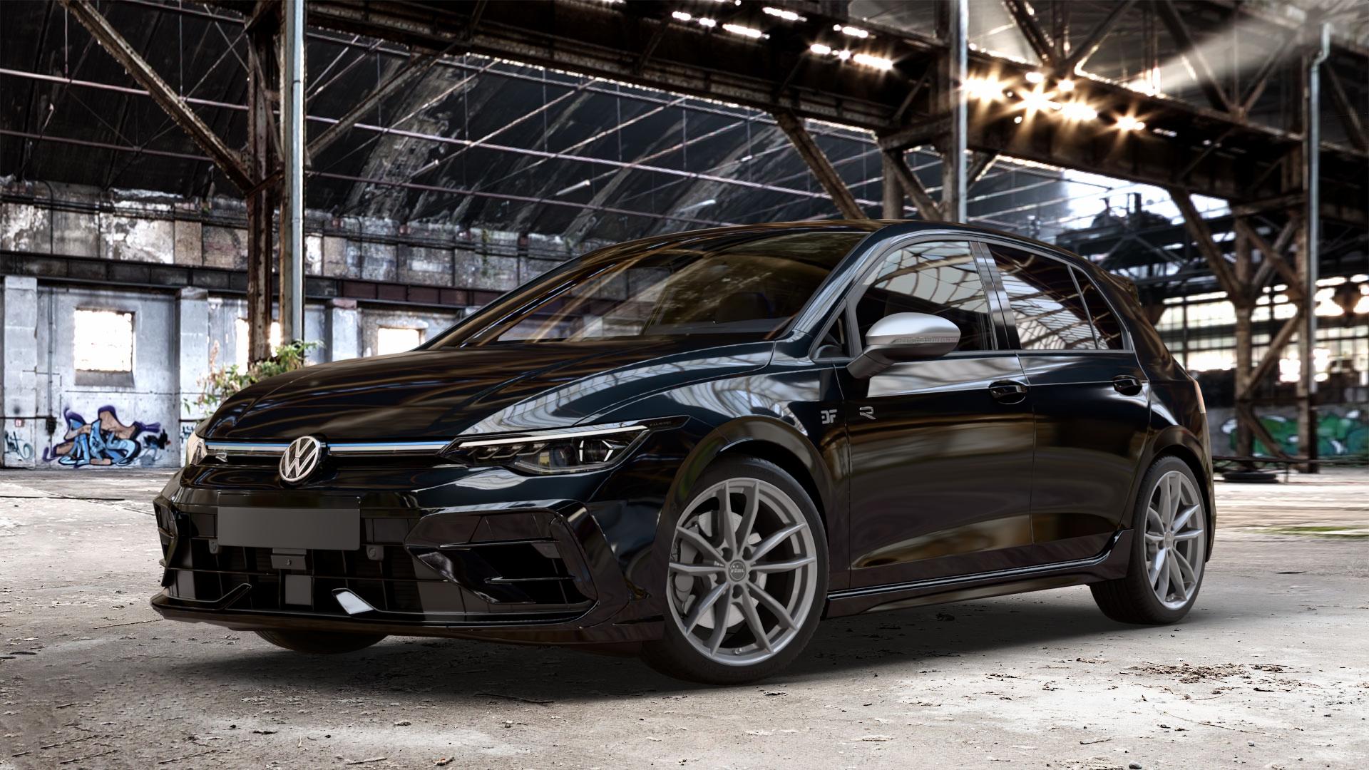 RIAL X12 metal-grey Felge mit Reifen grau in 18Zoll Winterfelge Alufelge auf metallic schwarzem Volkswagen (VW) Golf 8 Facelift 2,0l R 4Motion 245kW (333 PS) ⬇️ mit 15mm Tieferlegung ⬇️ Old Industrial Hall_max_4400mm_2024 Frontansicht_1