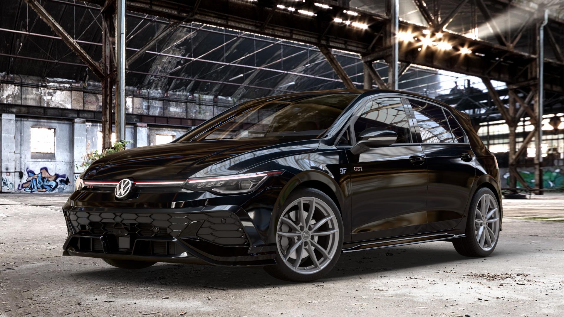 RIAL X12 metal-grey Felge mit Reifen grau in 18Zoll Winterfelge Alufelge auf schwarzem Volkswagen (VW) Golf 8 Facelift 2,0l GTI Clubsport 221kW (300 PS) ⬇️ mit 15mm Tieferlegung ⬇️ Old Industrial Hall_max_4400mm_2024 Frontansicht_1