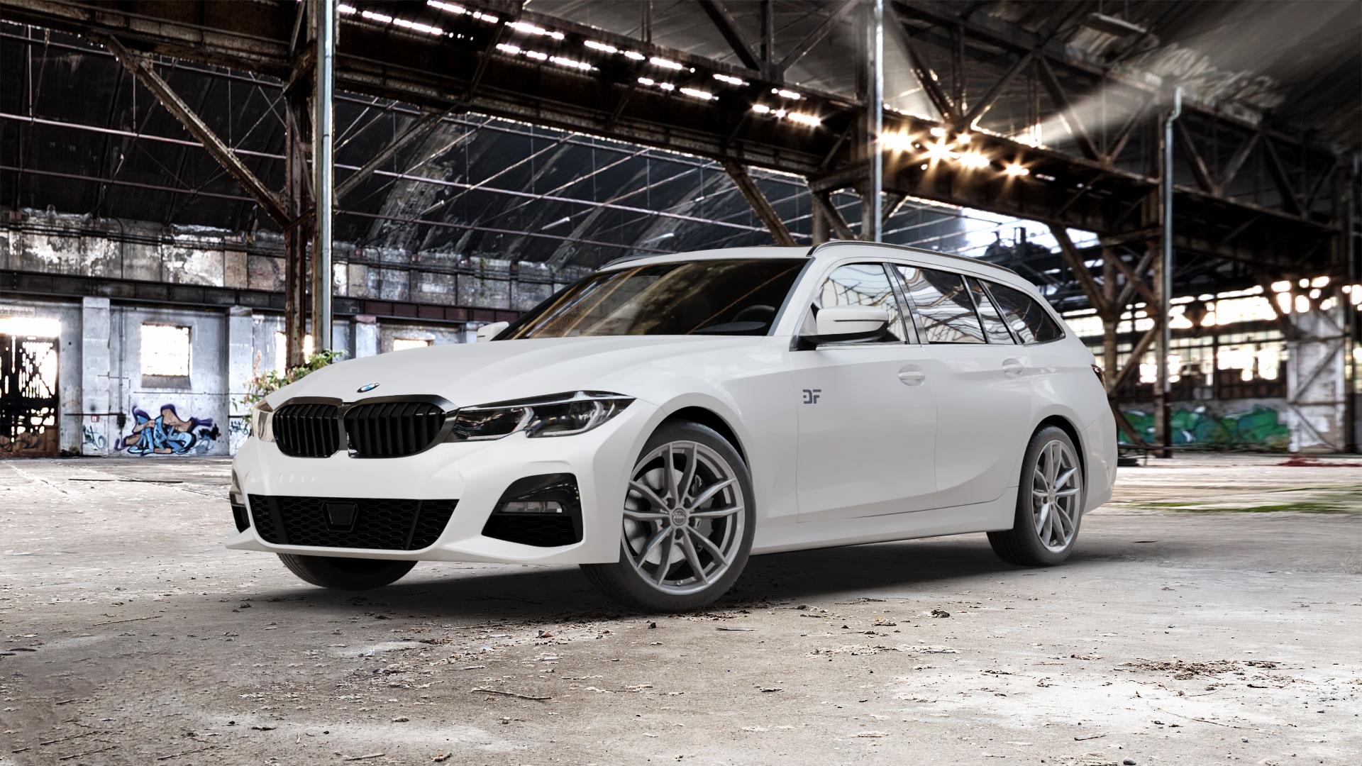 RIAL X12 metal-grey Felge mit Reifen grau in 18Zoll Winterfelge Alufelge auf weissem BMW 3er G21 Touring (G3K) ⬇️ mit 15mm Tieferlegung ⬇️ Old Industrial Hall_max_5300mm_2024 Frontansicht_1