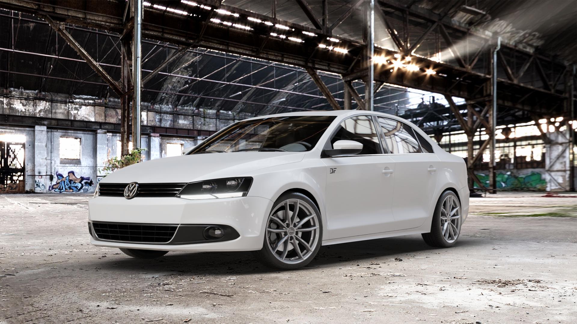RIAL X12 metal-grey Felge mit Reifen grau in 18Zoll Winterfelge Alufelge auf weissem Volkswagen (VW) Jetta 6 Typ 16 Facelift ⬇️ mit 15mm Tieferlegung ⬇️ Old Industrial Hall_max_5300mm_2024 Frontansicht_1